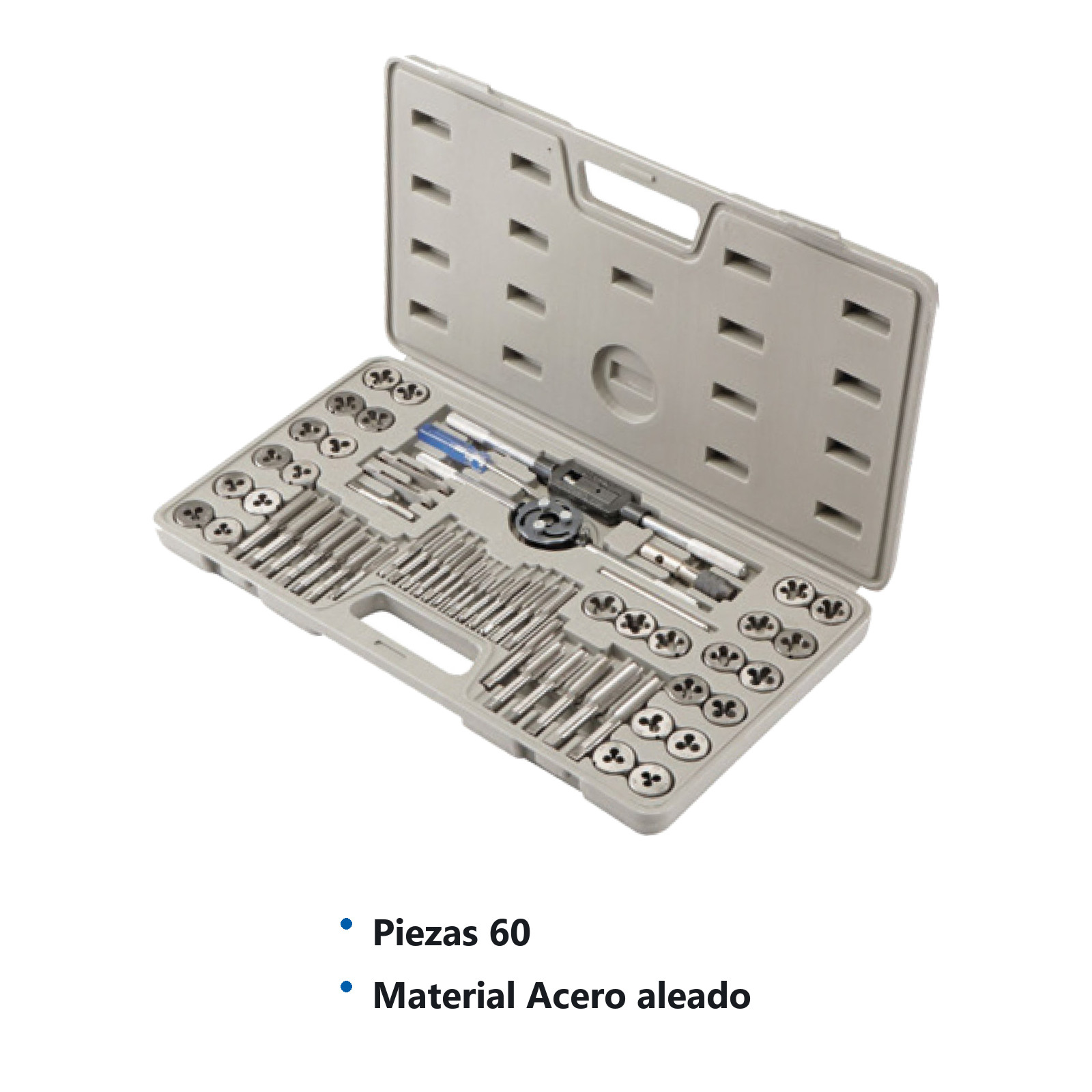 JUEGO DE DADOS Y MACHUELOS DE ACERO AL CARBON FRACCIONAL Y METRICO 60 PIEZAS - Imagen 2