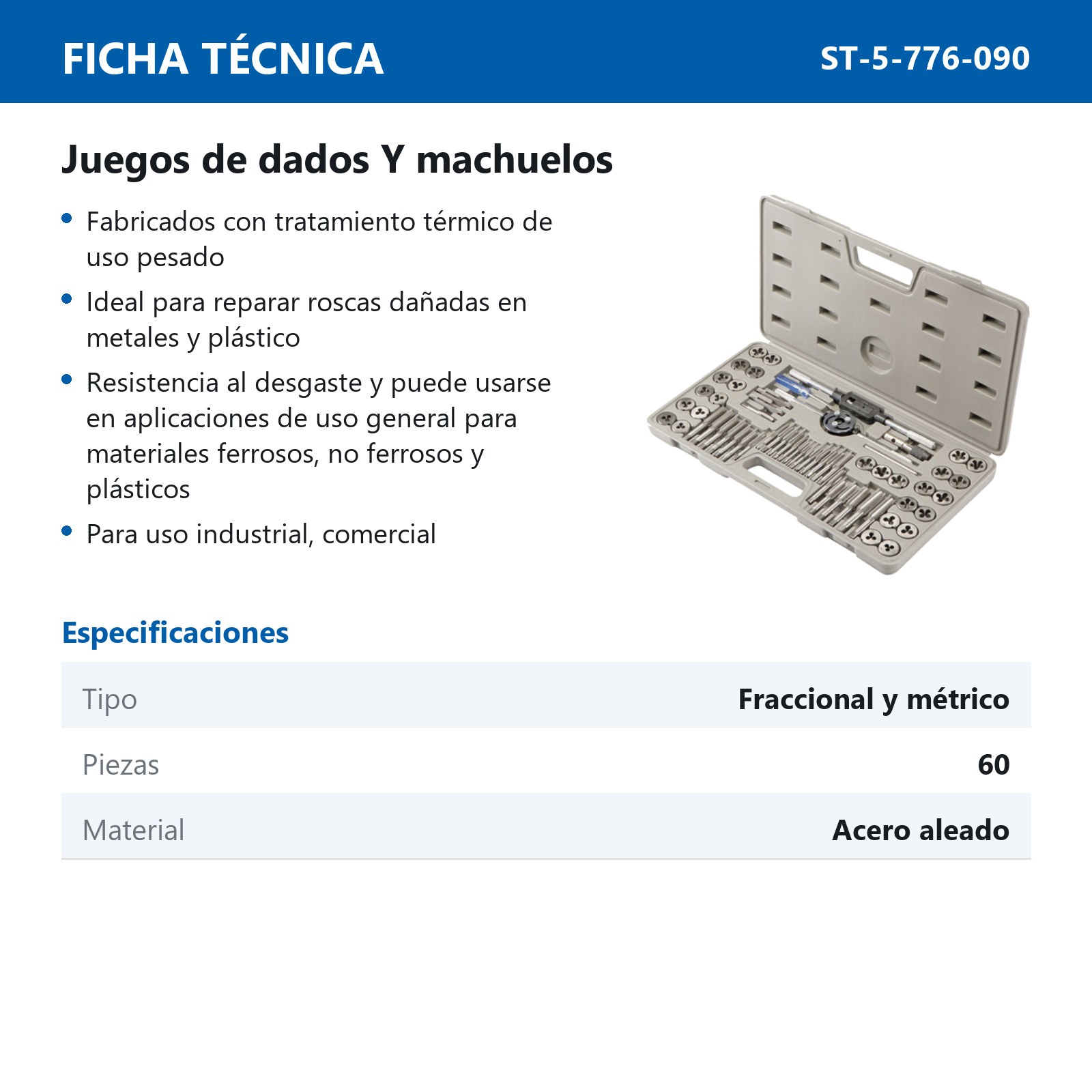 JUEGO DE DADOS Y MACHUELOS DE ACERO AL CARBON FRACCIONAL Y METRICO 60 PIEZAS - Imagen 2
