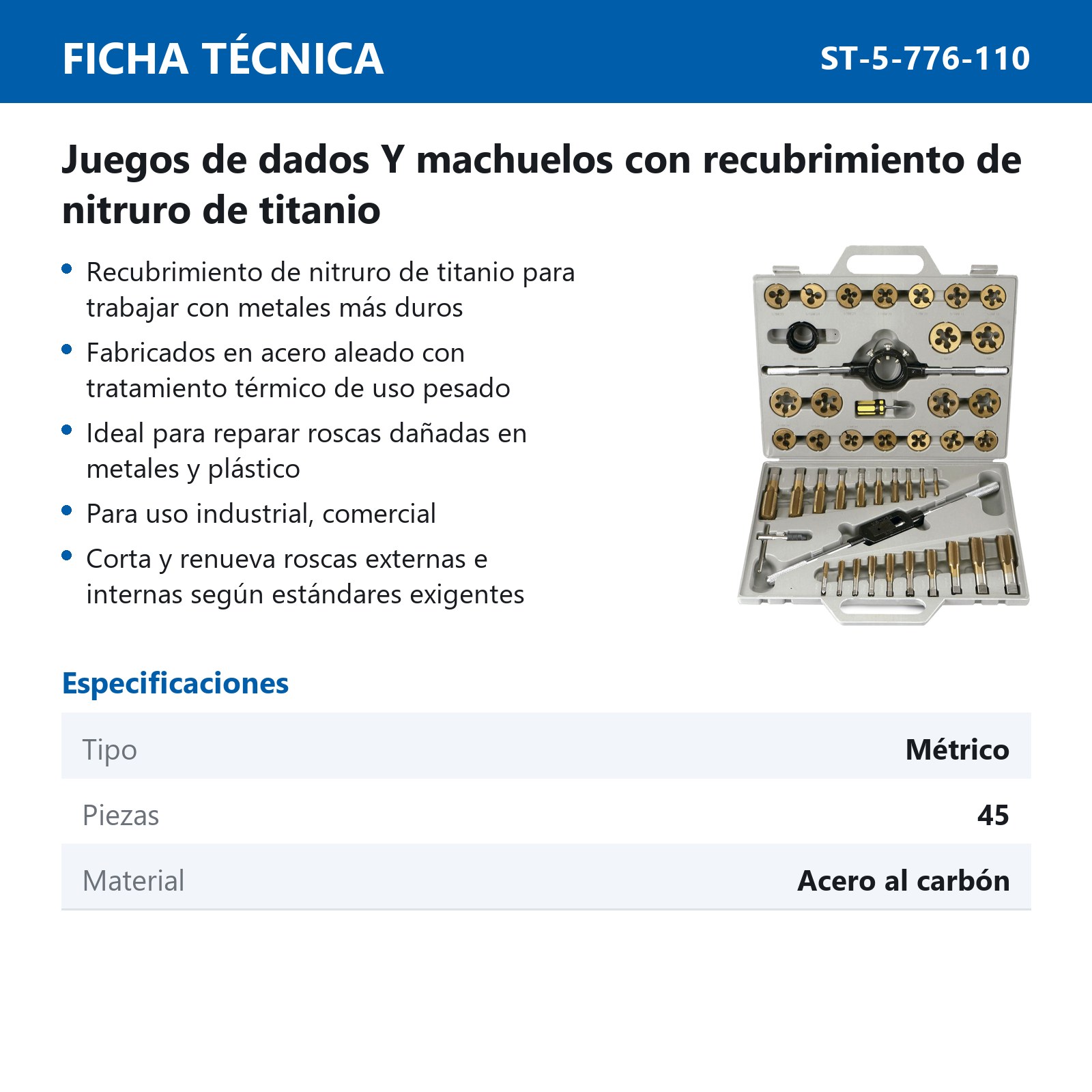 JUEGO DE DADOS Y MACHUELOS DE ACERO AL CARBON RECUBRIERTO DE NITRUTO DE TITANIO METRICO 45 PIEZAS - Imagen 2