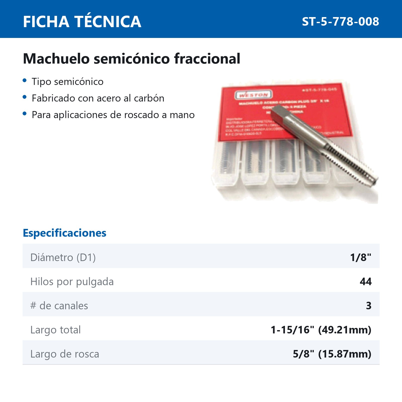MACHUELO PLUG 1/8" X 44 A.C. - Imagen 2