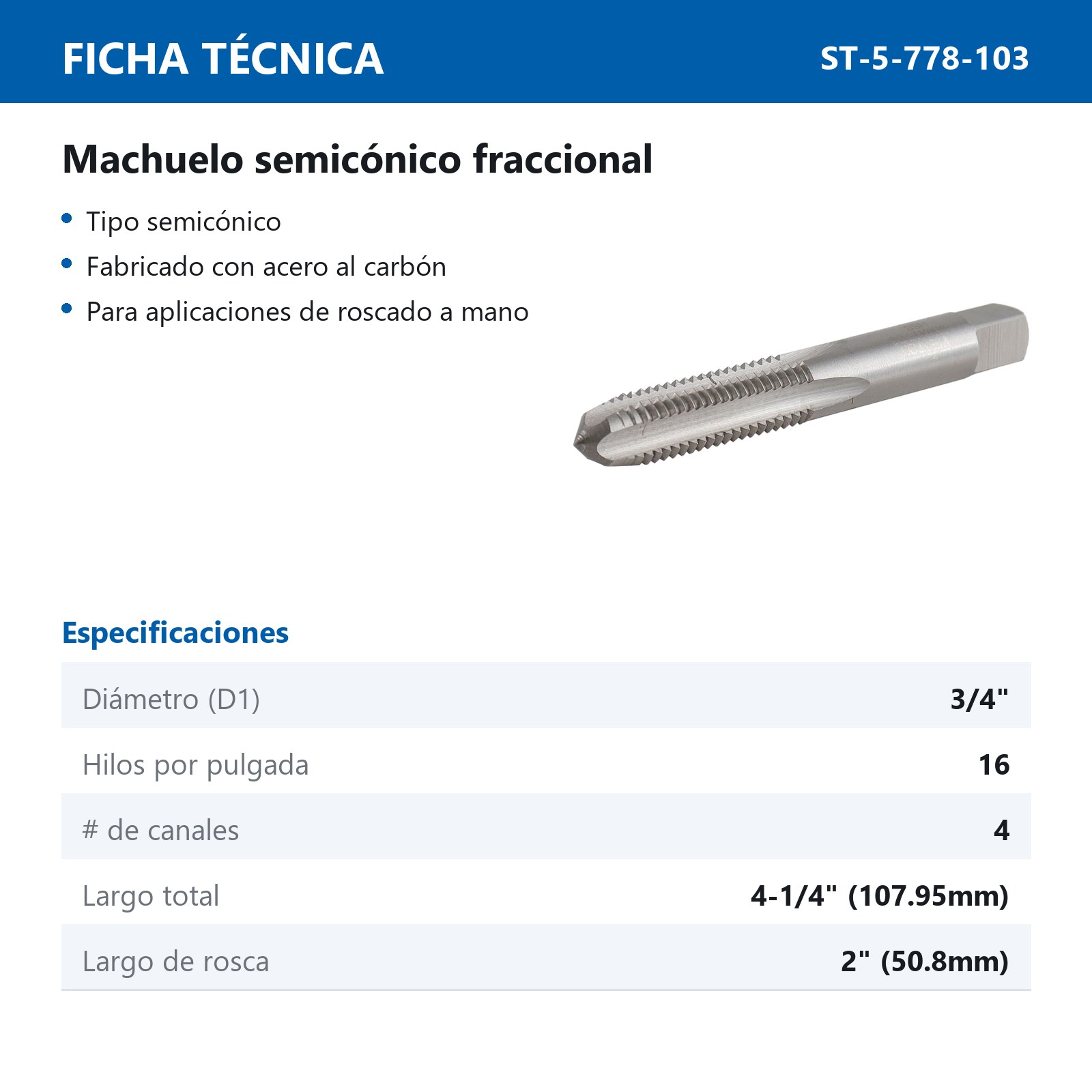MACHUELO PLUG 3/4" X 16 A.C. - Imagen 2