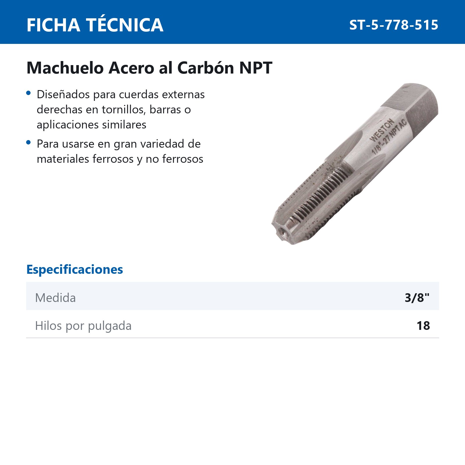 MACHUELO 3/8 NPT A.C. - Imagen 2