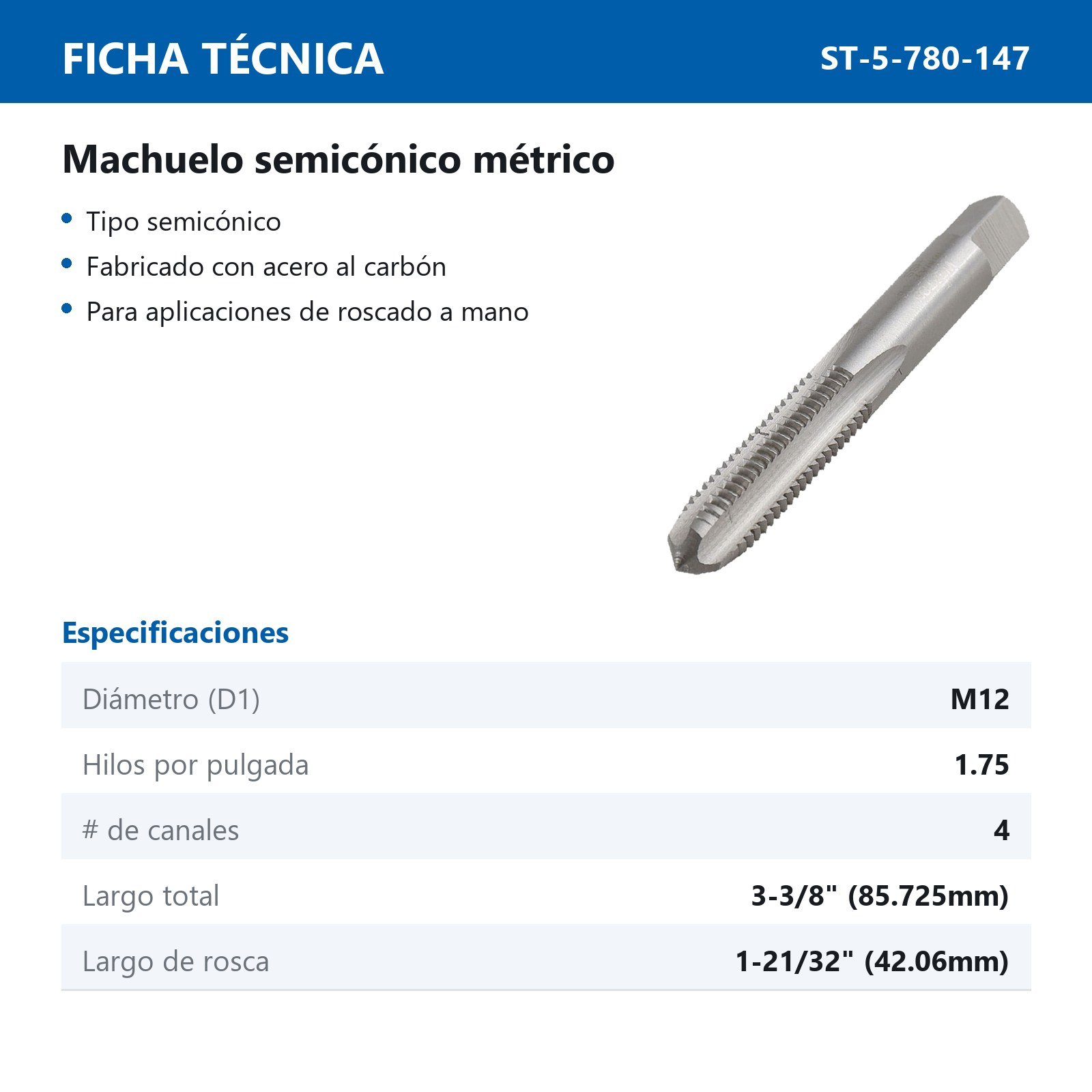 MACHUELO PLUG M12.0 X 1.75 A.C. - Imagen 3