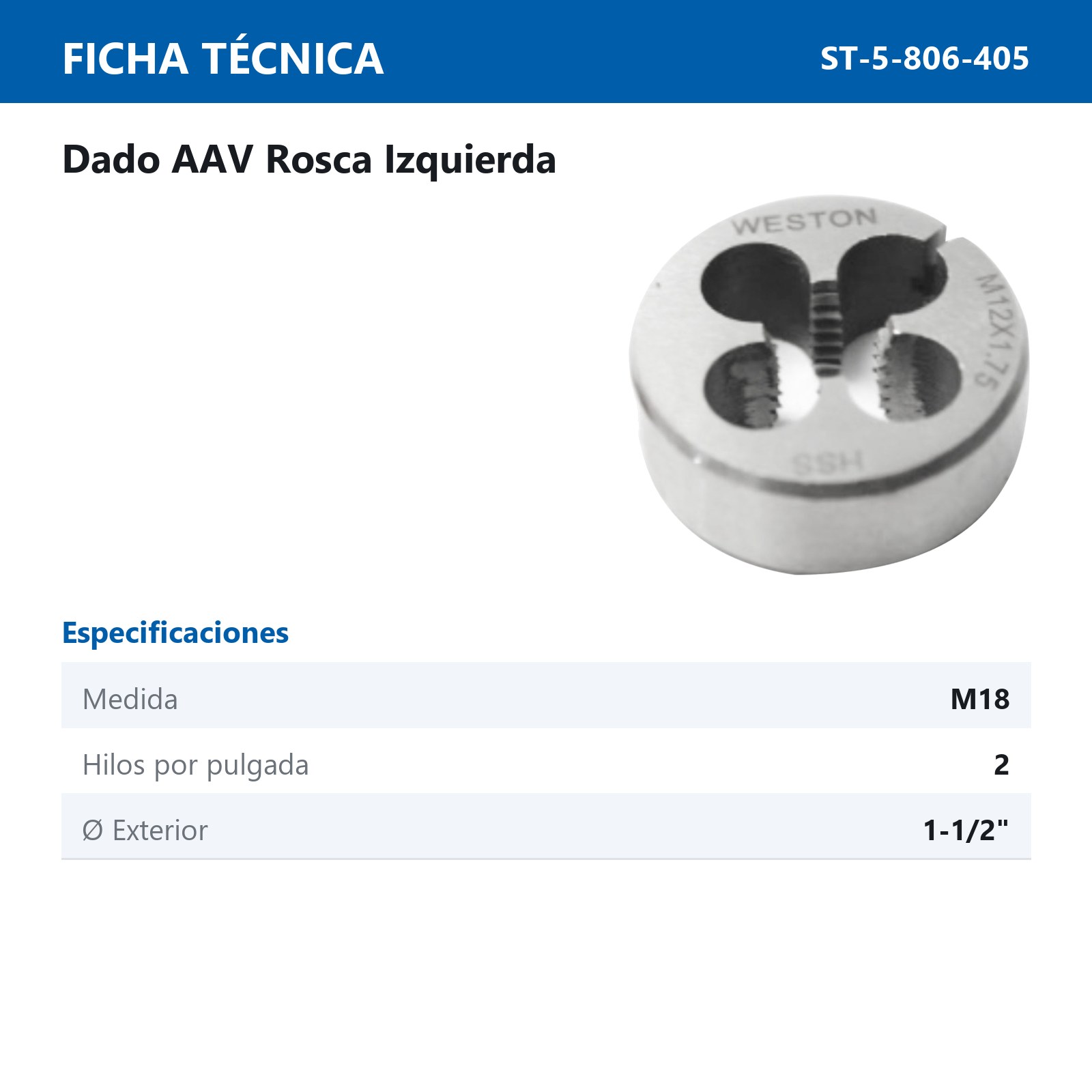 DADO M18 X 2 X 1-1/2" IZQ.HSS - Imagen 2