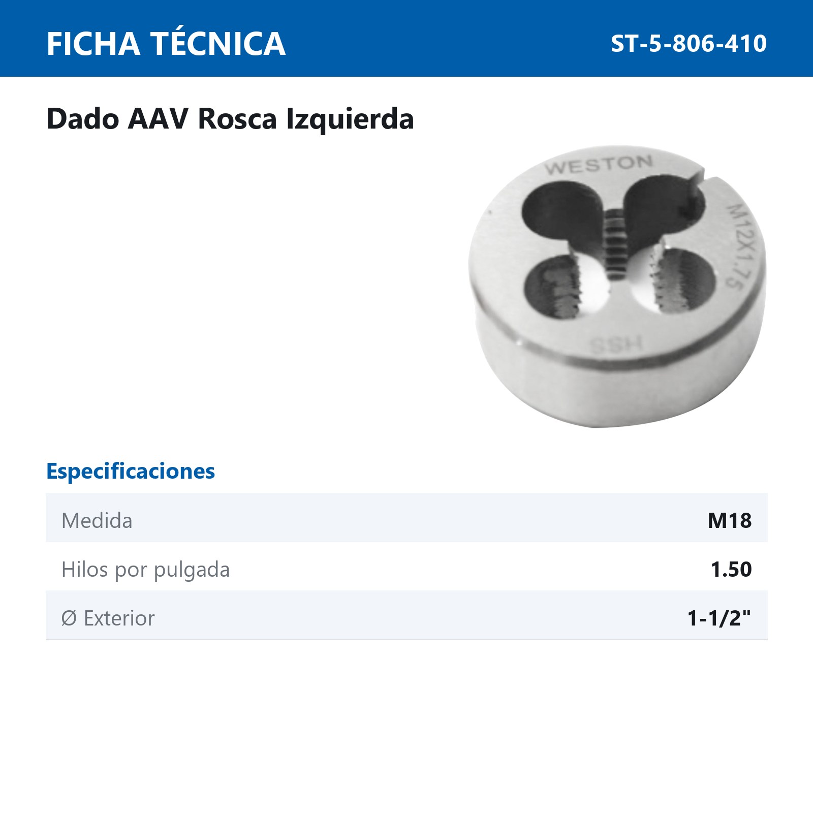 DADO M18 X 1-1/2 X 1-1/2" IZQ.HSS - Imagen 2