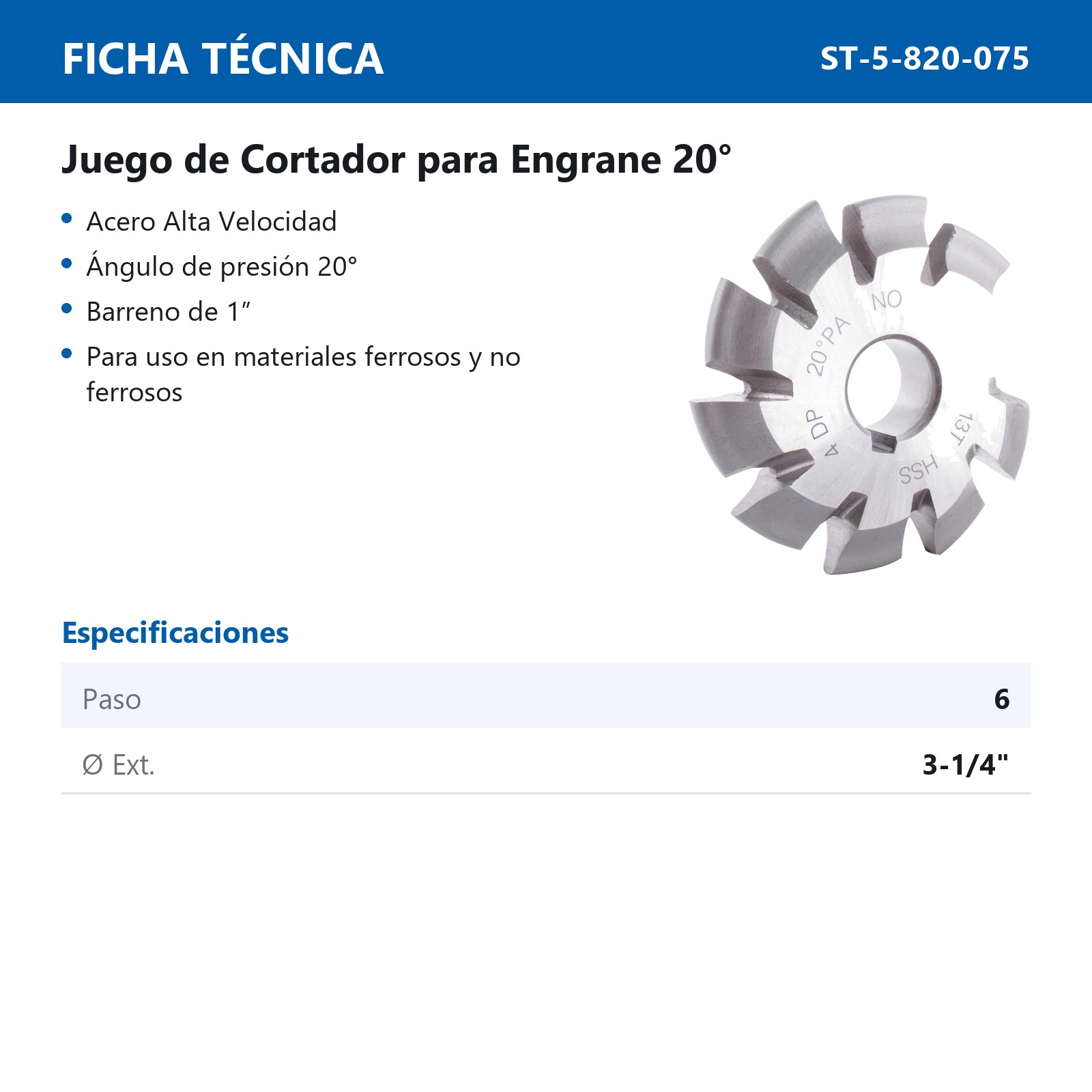 JGO CORTADOR P/ENGRANE 20° A.V. 6DP3.25" (8 PZAS) - Imagen 2