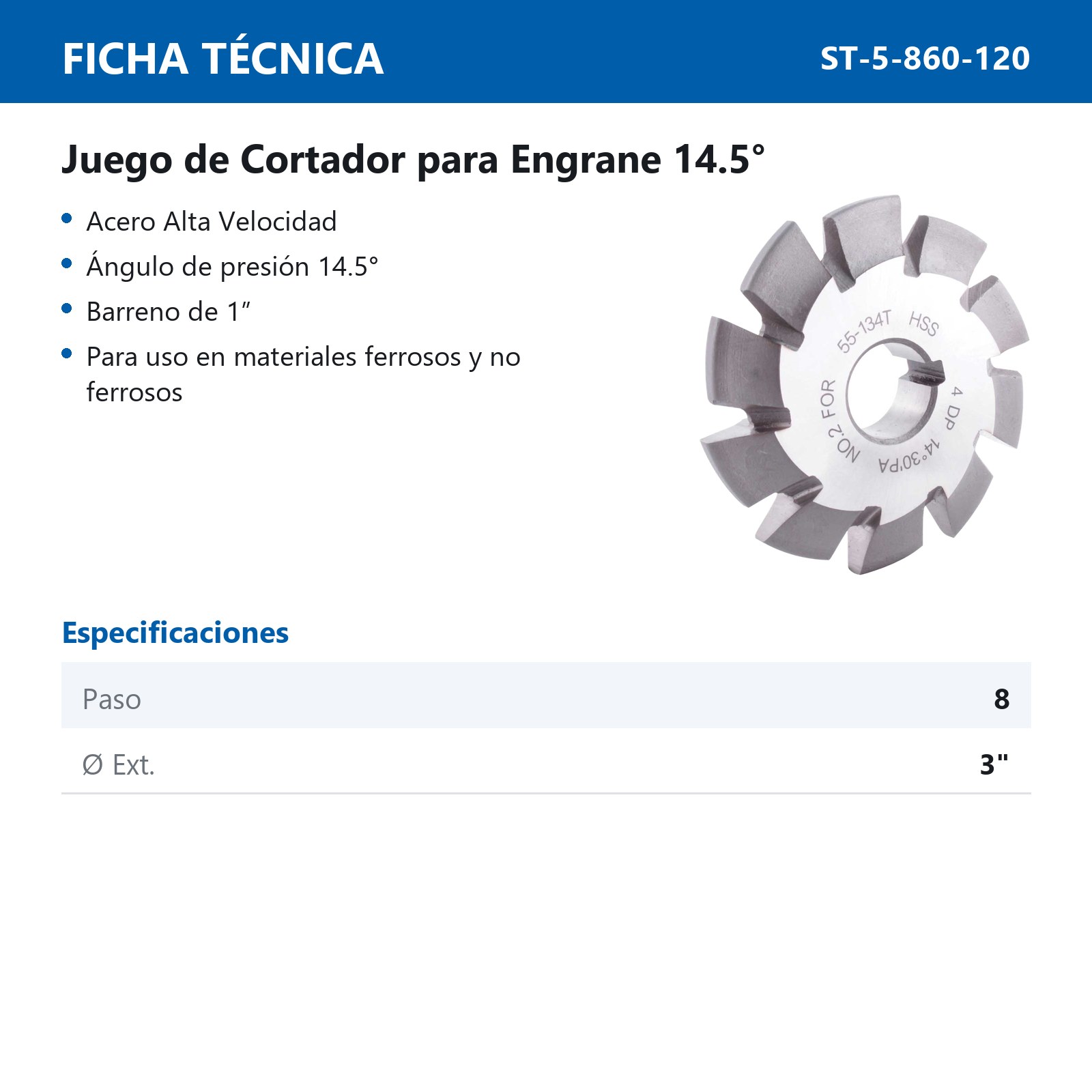 JGO CORTADOR P/ENGRANE 14.5° A.V. 8DP3" (8 PZAS) - Imagen 2