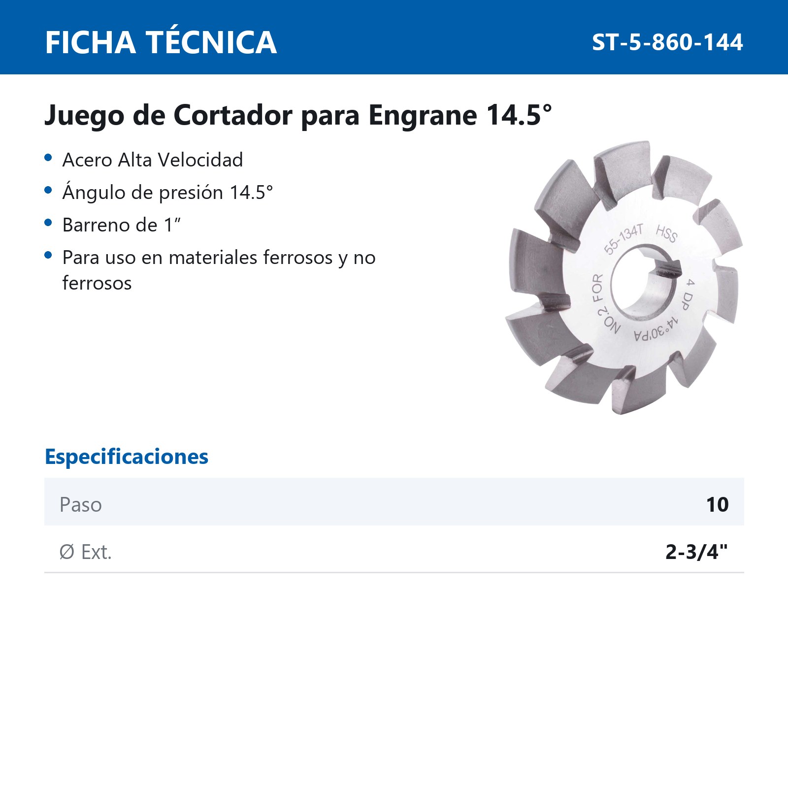 JGO CORTADOR P/ENGRANE 14.5° A.V. 10DP2.75" (8 PZAS) - Imagen 2