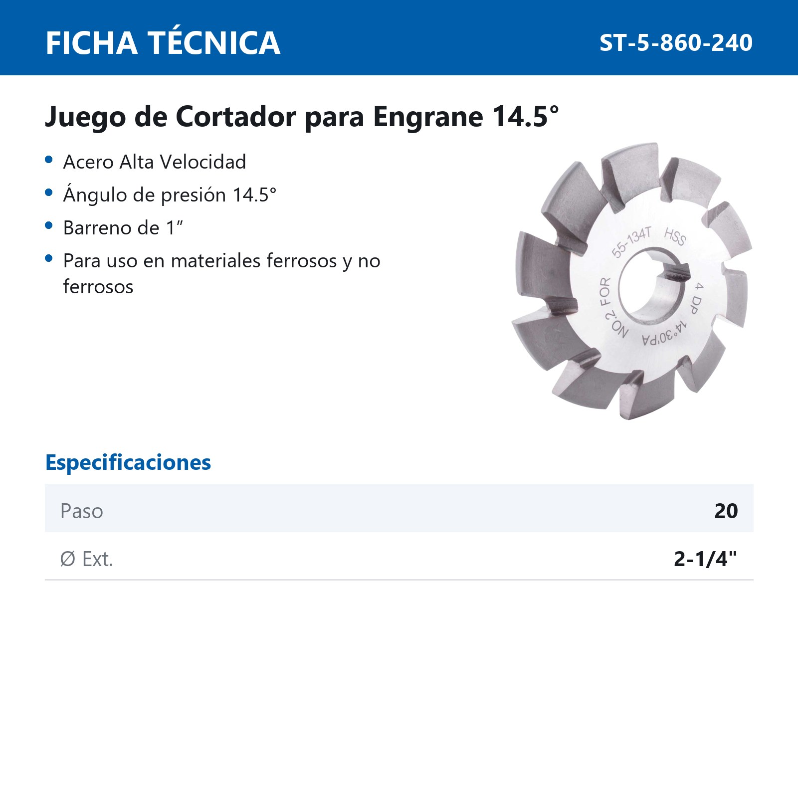 JGO CORTADOR P/ENGRANE 14.5° A.V. 20DP2.25" (8 PZAS) - Imagen 2