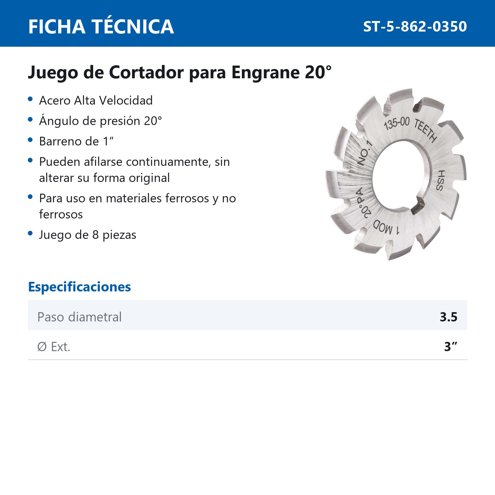 CORTADOR P/ENGRANE 20° MOD 3.5 JGO.8P             3 X 1" - Imagen 2