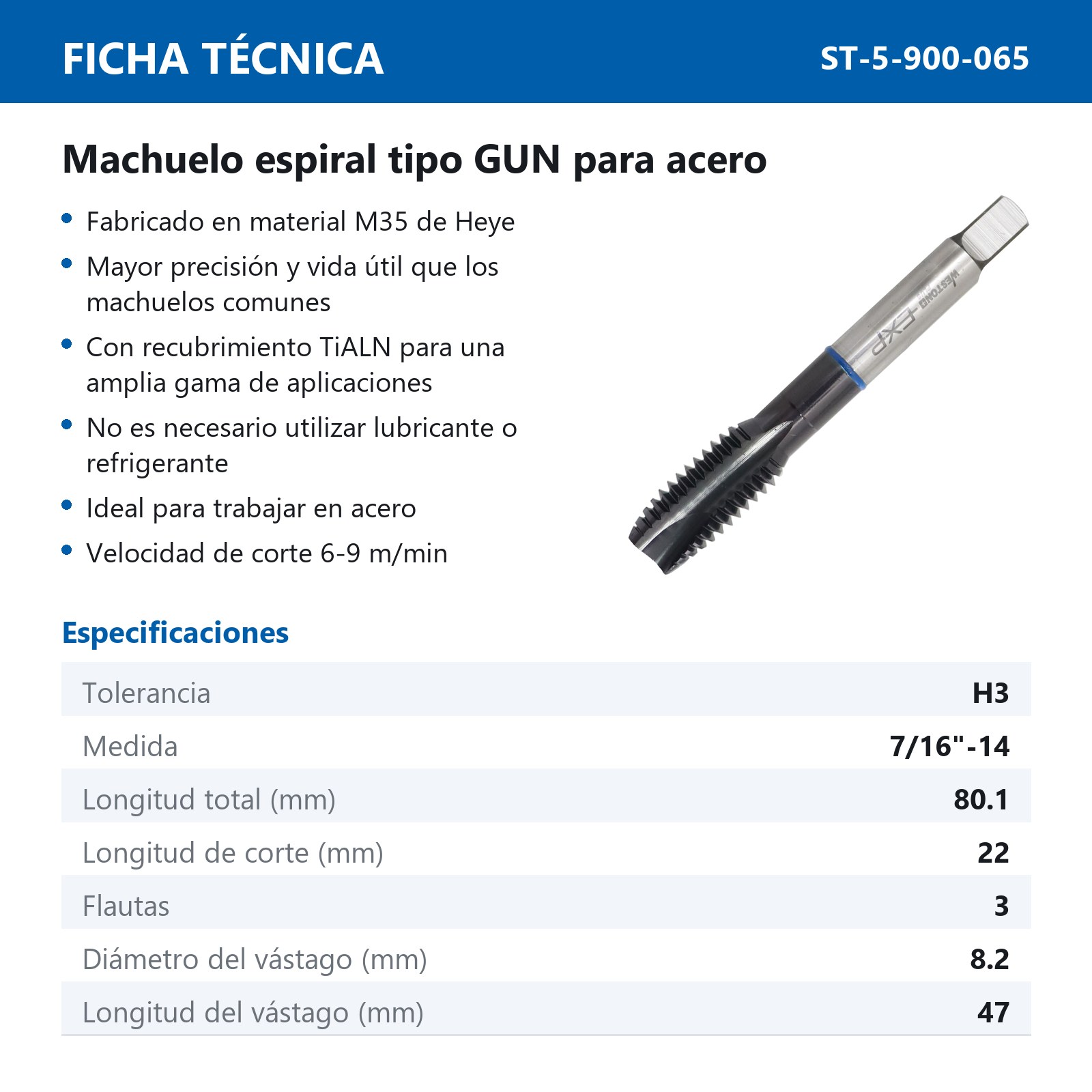MACHUELO AAV C/TiALN TIPO GUN 7/16"-14 P/ACERO WP EX-P - Imagen 2