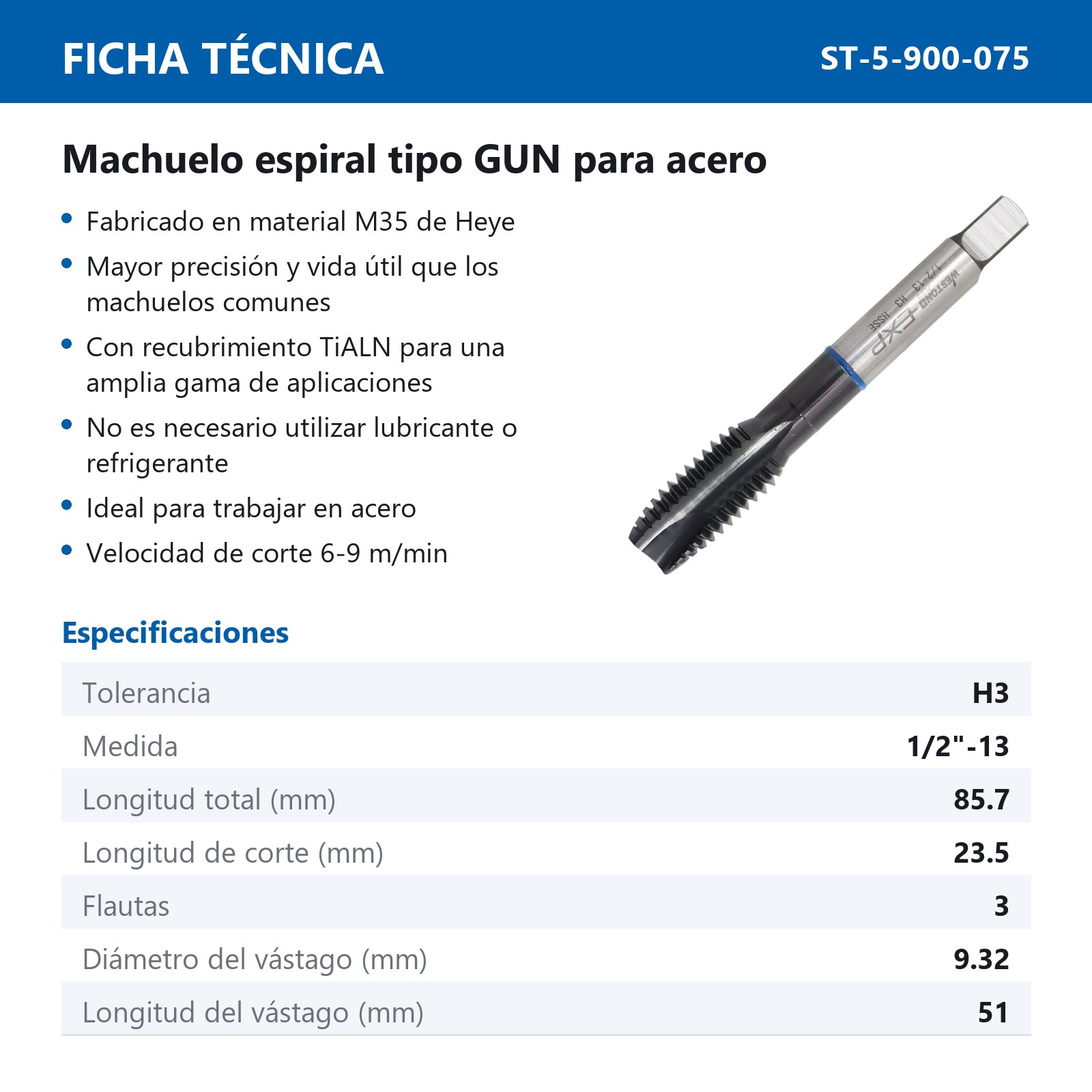 MACHUELO AAV C/TiALN TIPO GUN 1/2"-13 P/ACERO WP EX-P - Imagen 2