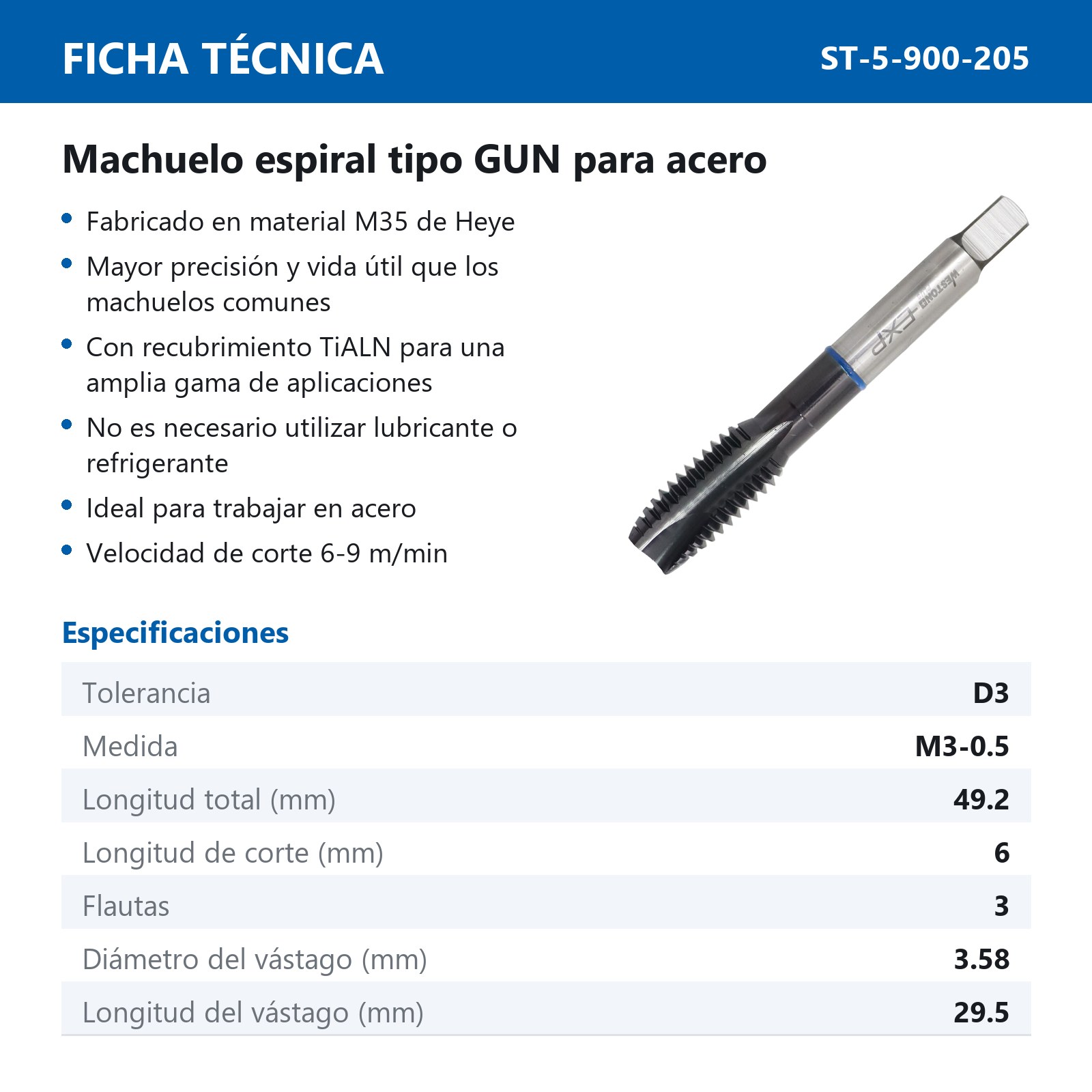MACHUELO AAV C/TiALN TIPO GUN M3-0.5 P/ACERO WP EX-P - Imagen 2