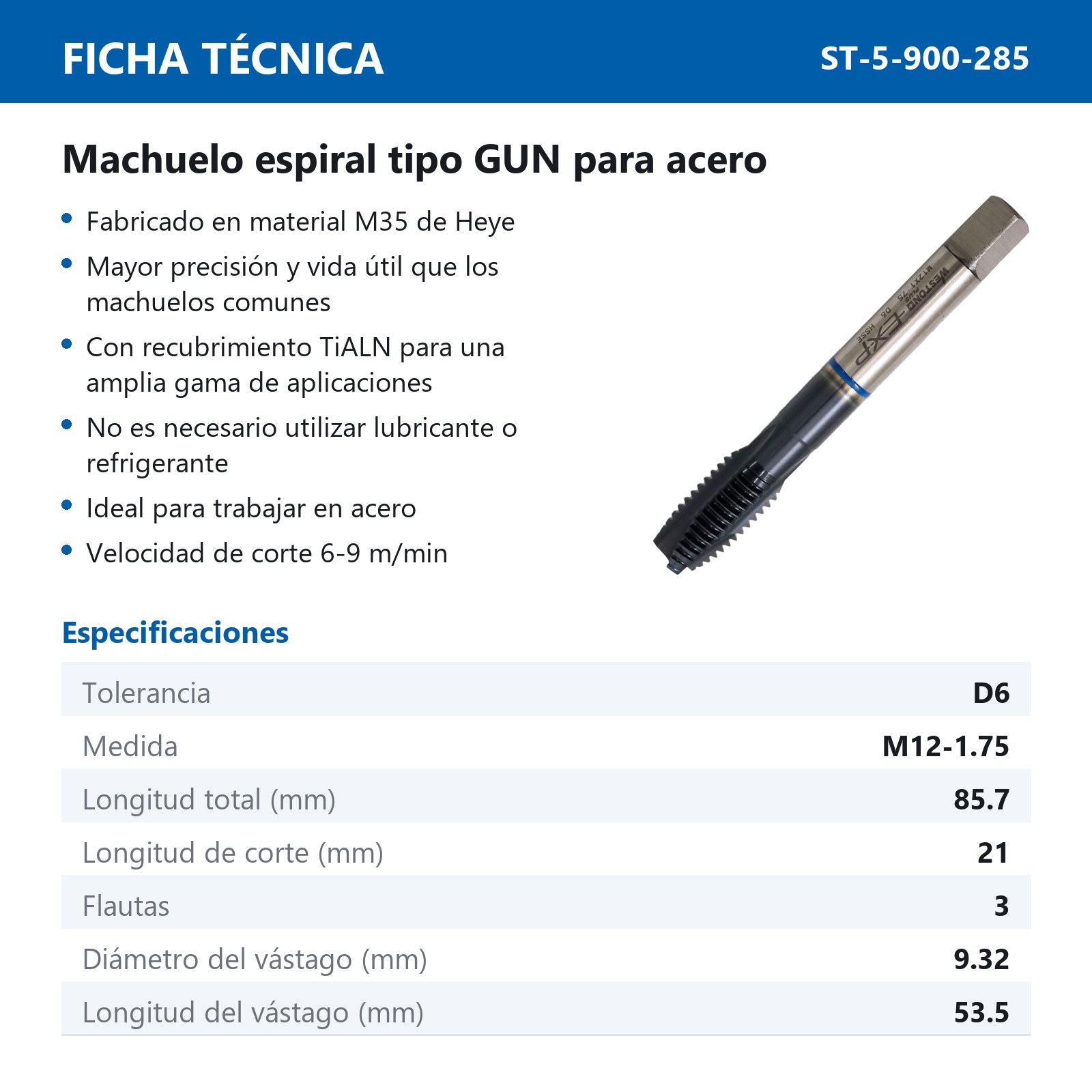 MACHUELO AAV C/TiALN TIPO GUN M12-1.75 P/ACERO WP EX-P - Imagen 2