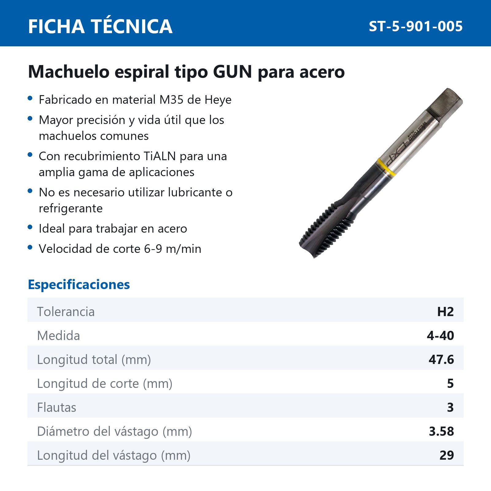 MACHUELO AAV C/TiALN TIPO GUN 4-40 P/ACERO INOX. WP EX-P - Imagen 2