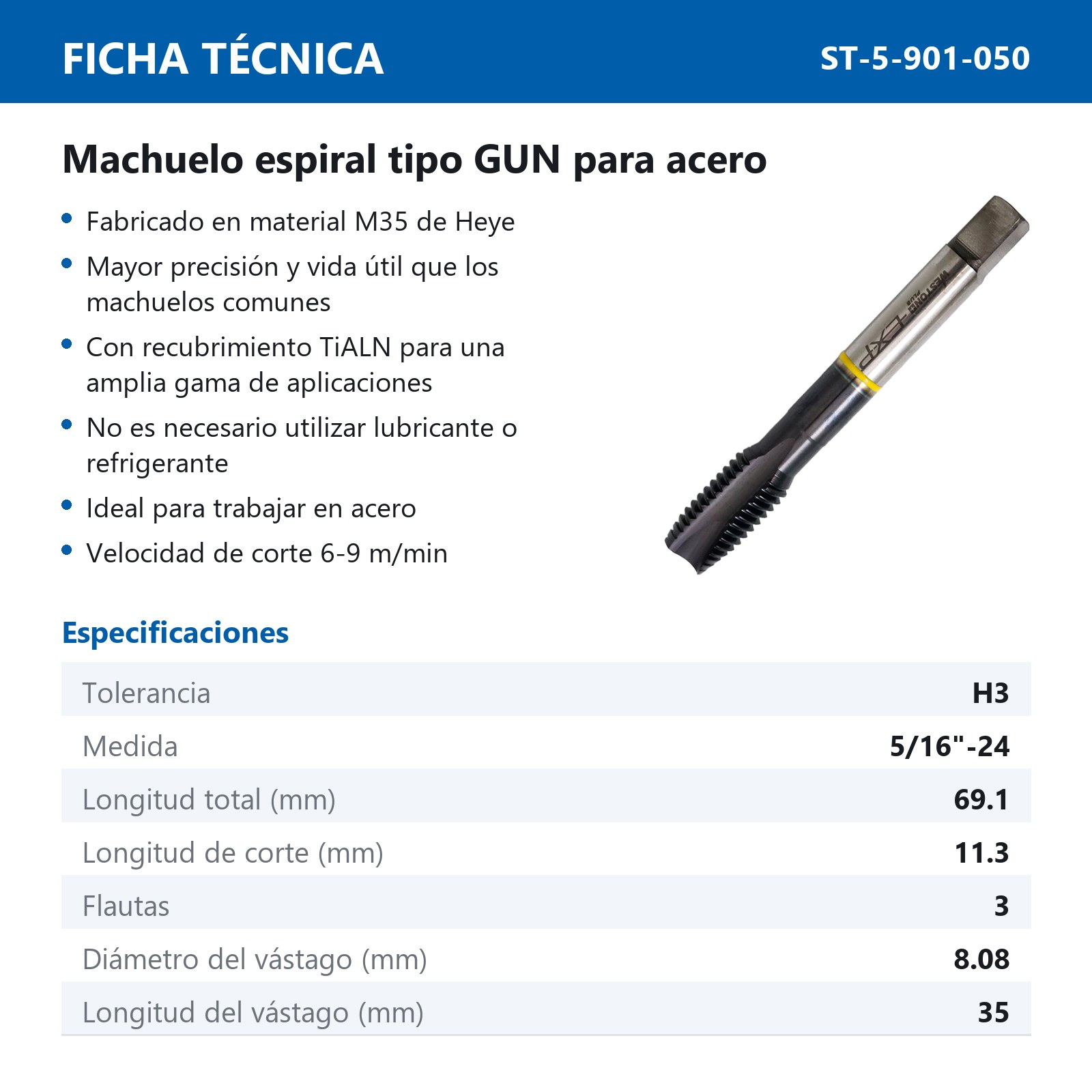 MACHUELO AAV C/TiALN TIPO GUN 5/16"-24 P/ACERO INOX. WP EX-P - Imagen 2