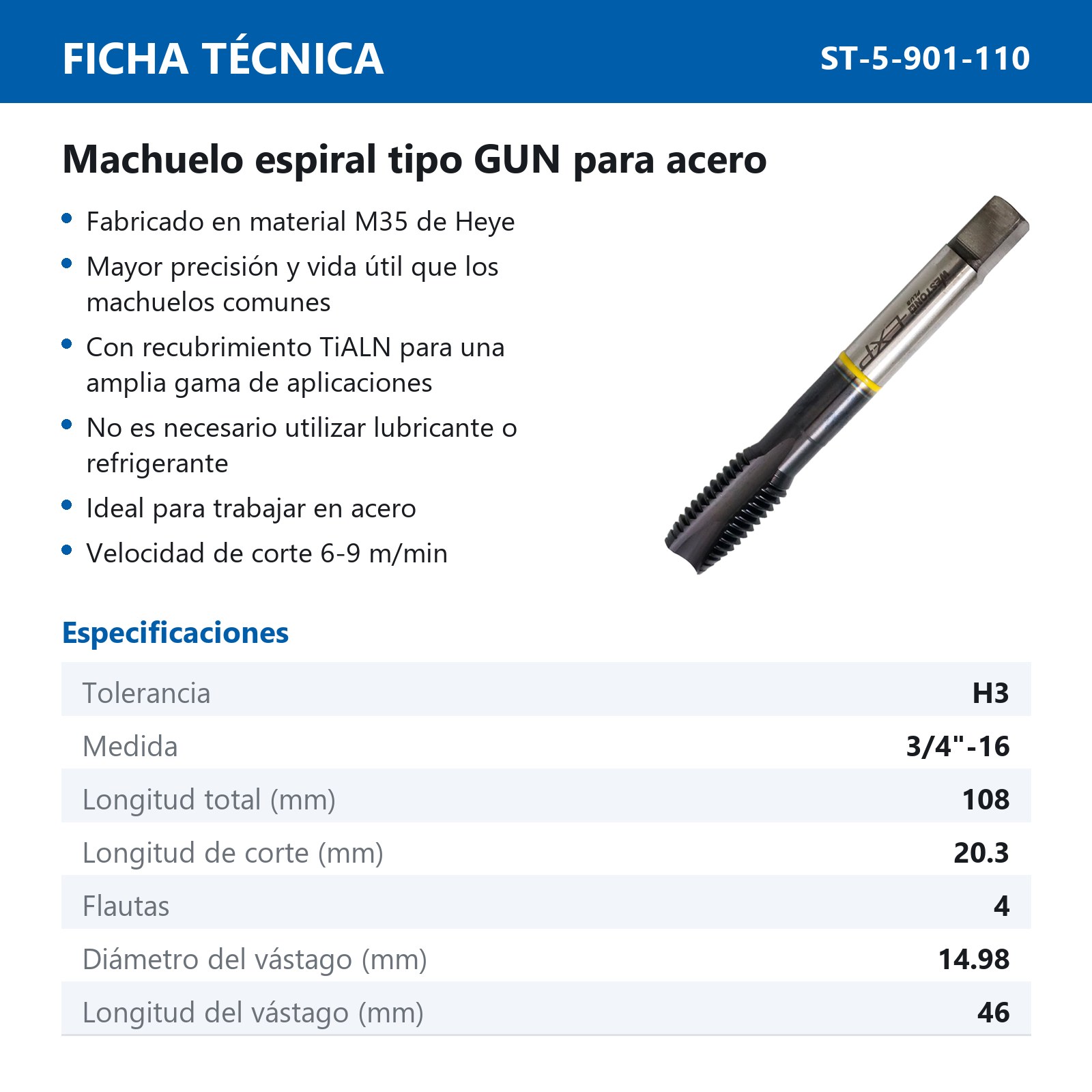 MACHUELO AAV C/TiALN TIPO GUN 3/4"-16 P/ACERO INOX. WP EX-P - Imagen 2