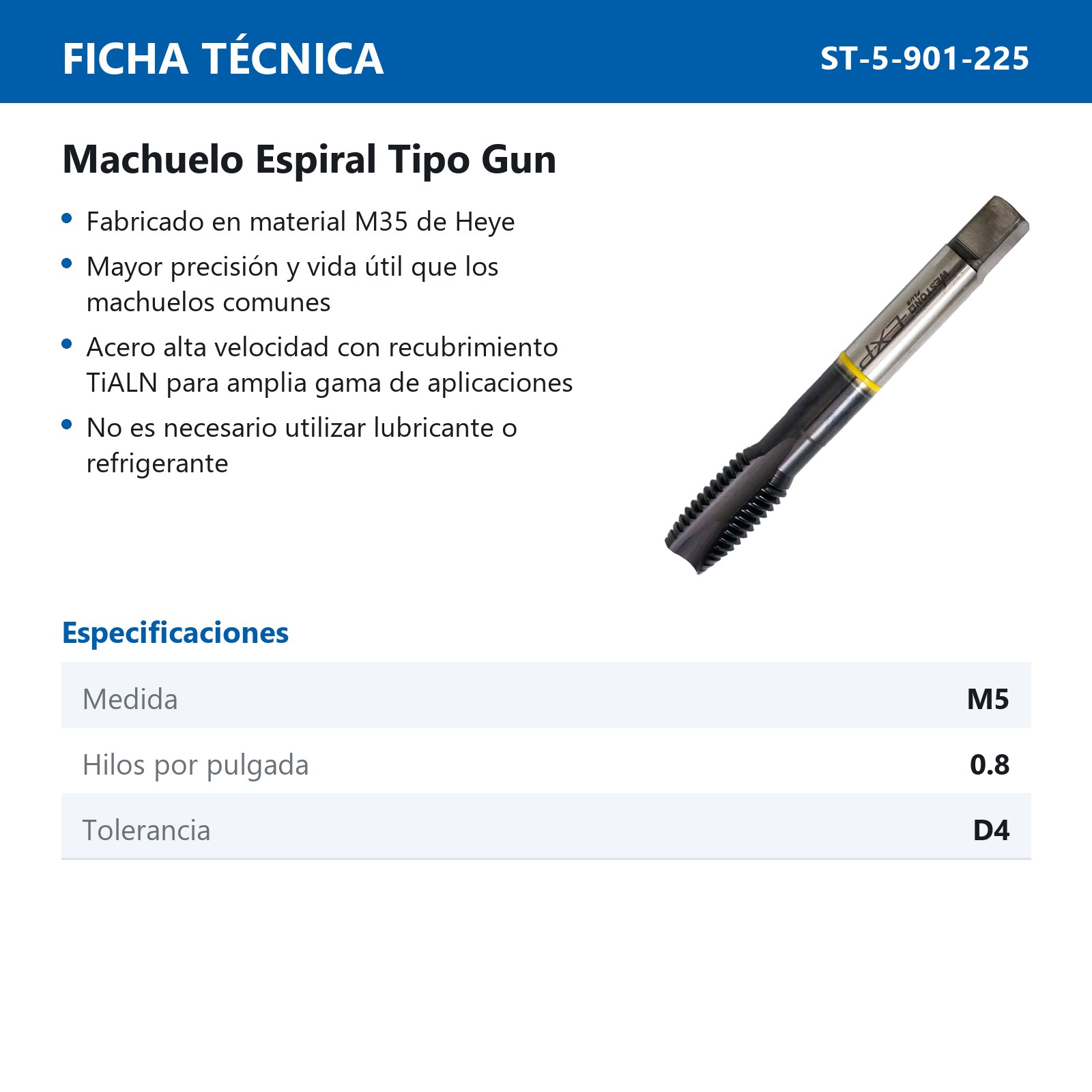 MACHUELO AAV C/TiALN TIPO GUN M5-0.8 P/ACERO INOX. WP EX-P - Imagen 2