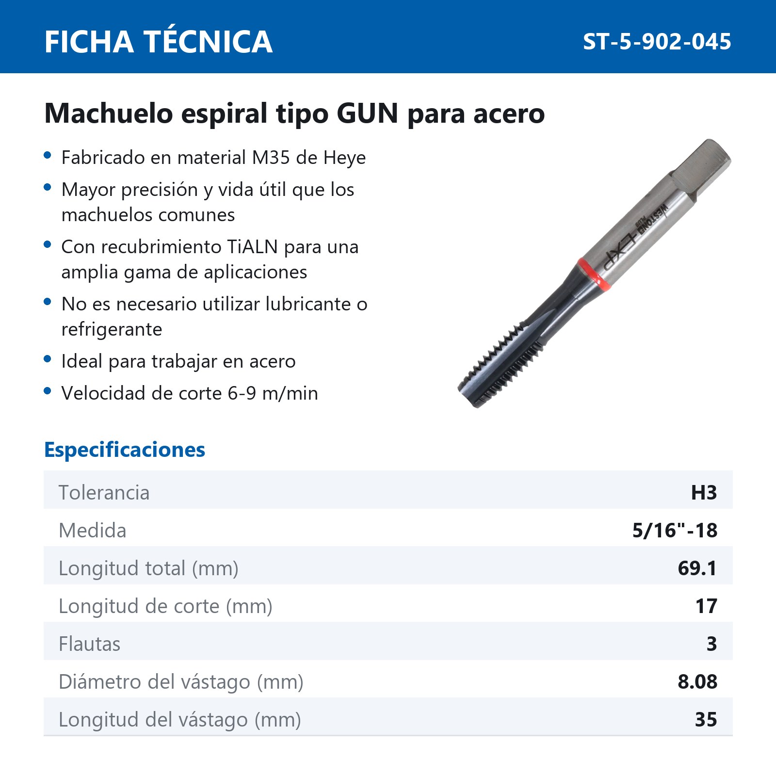 MACHUELO AAV C/TiALN TIPO GUN 5/16"-18 P/FIERRO VACIADO WP EX-P - Imagen 2