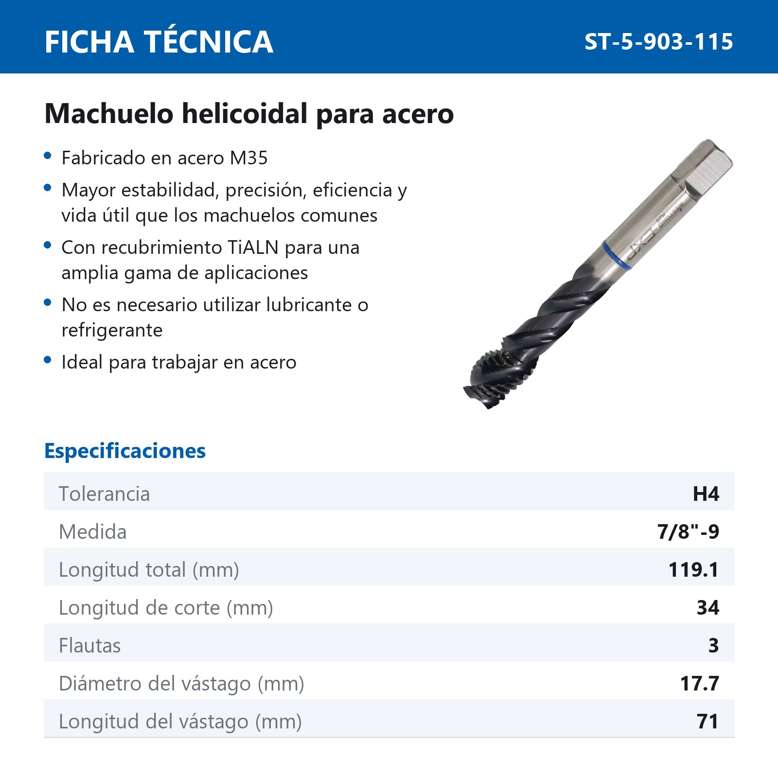 MACHUELO AAV C/TiALN HELICOIDAL 7/8"-9 P/ACERO WP EX-P - Imagen 2