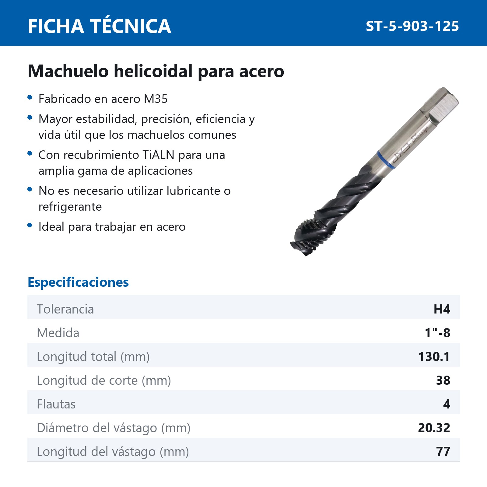 MACHUELO AAV C/TiALN HELICOIDAL 1"-8 P/ACERO WP EX-P - Imagen 2