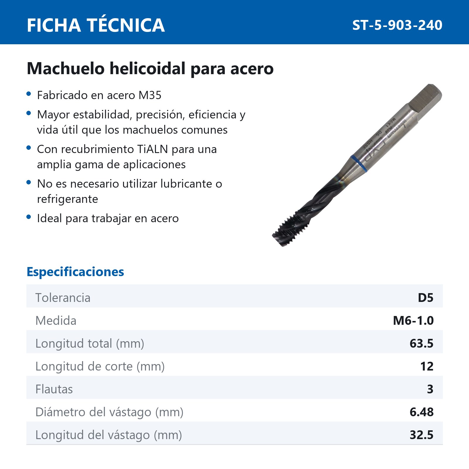 MACHUELO AAV C/TiALN HELICOIDAL M6-1.0 P/ACERO WP EX-P - Imagen 2