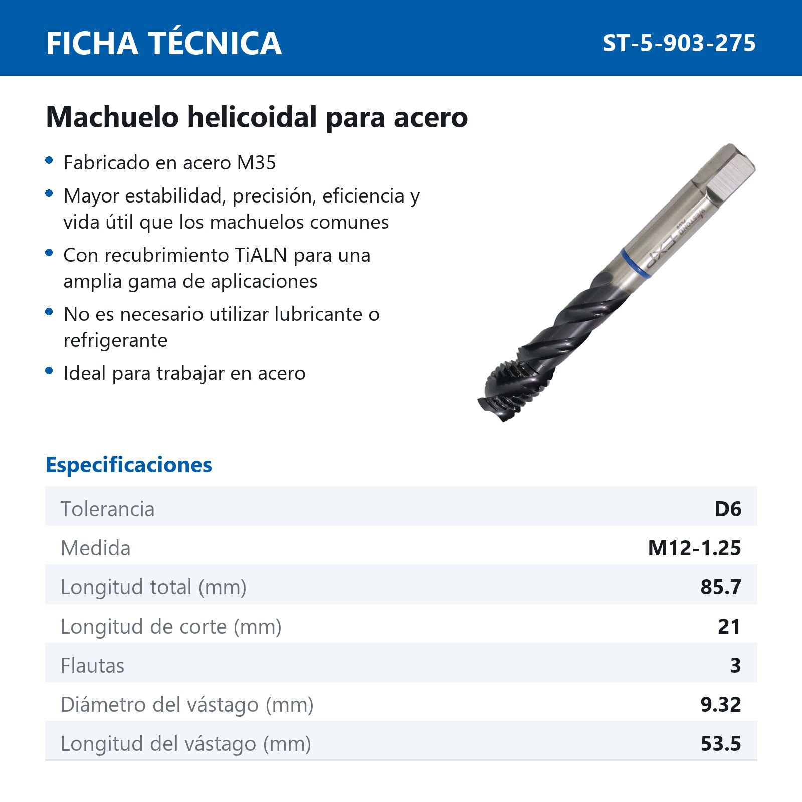 MACHUELO AAV C/TiALN HELICOIDAL M12-1.25 P/ACERO WP EX-P - Imagen 2
