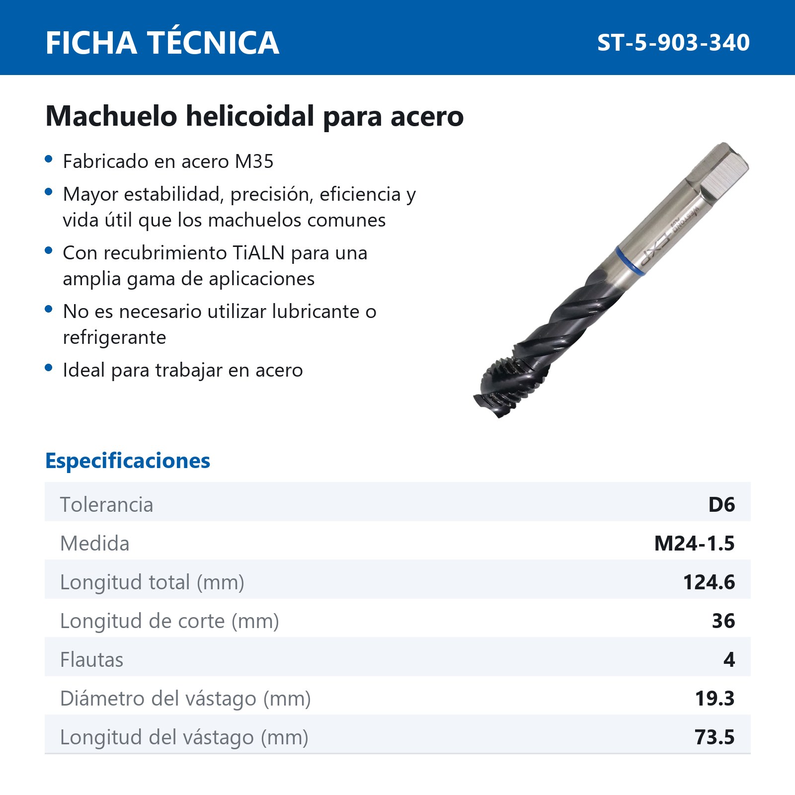 MACHUELO AAV C/TiALN HELICOIDAL M24-1.5 P/ACERO WP EX-P - Imagen 2