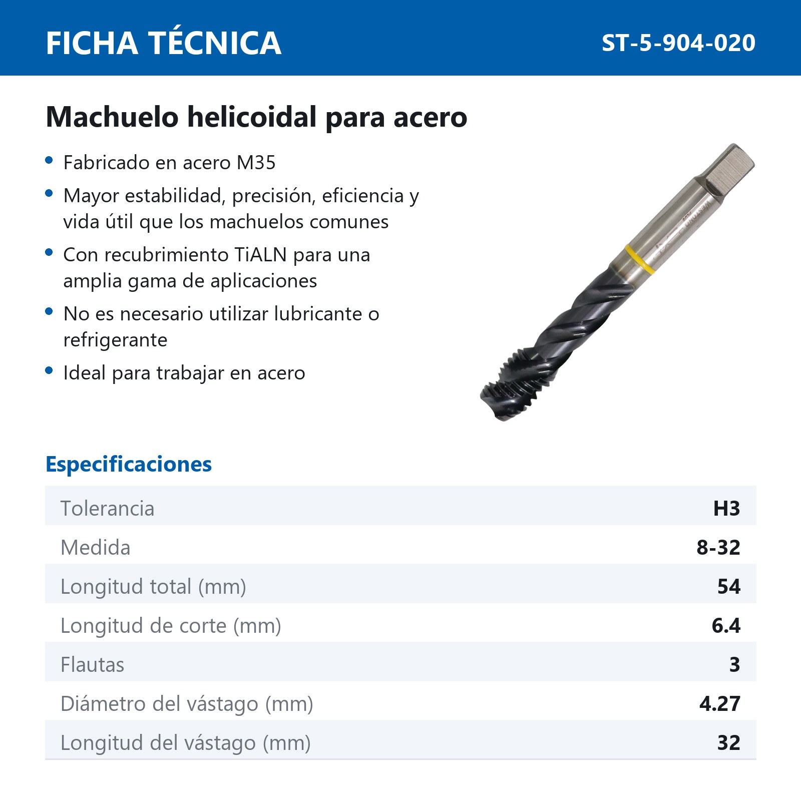 MACHUELO AAV C/TiALN HELICOIDAL 8-32 P/ACERO INOX. WP EX-P - Imagen 2