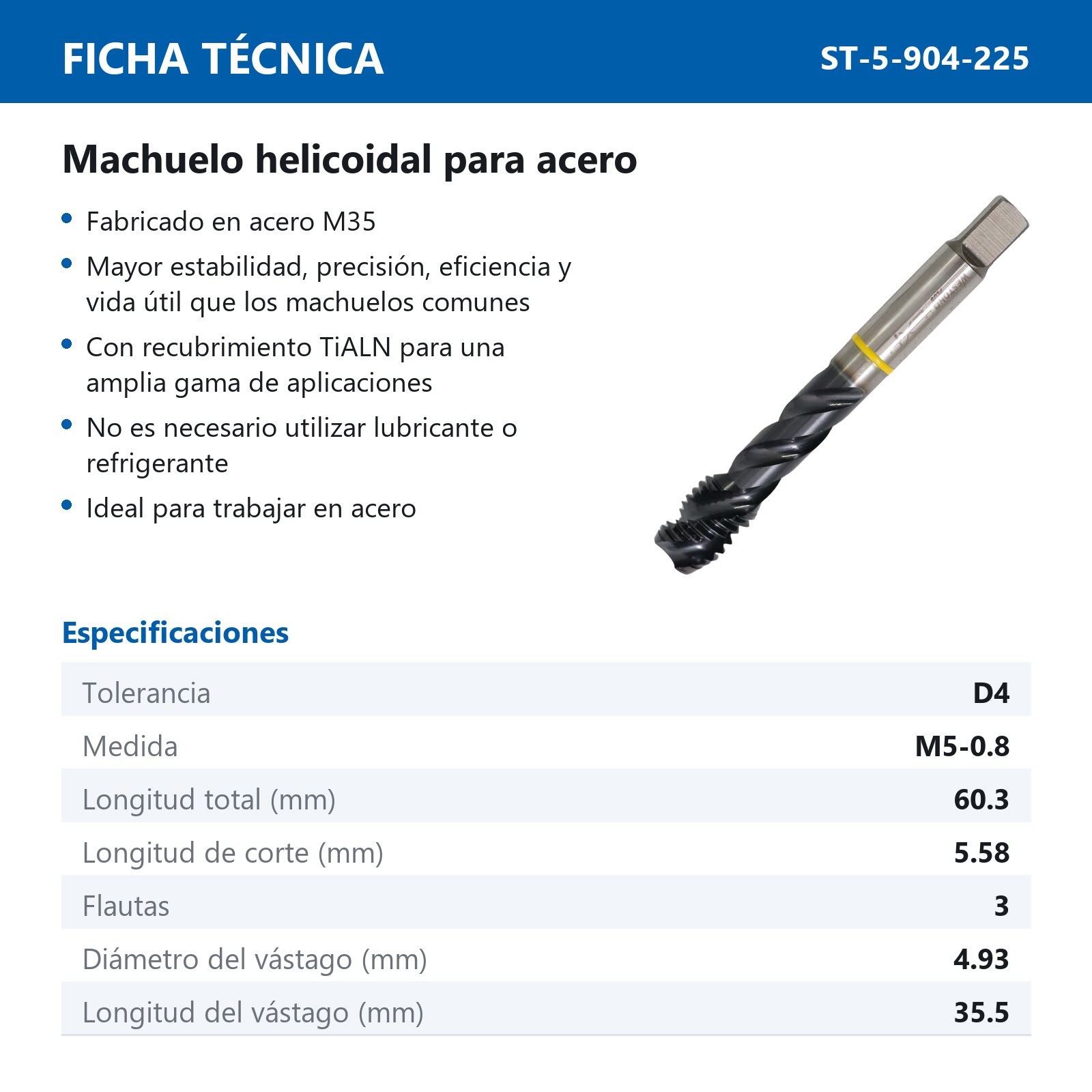 MACHUELO AAV C/TiALN HELICOIDAL M5-0.8 P/ACERO INOX. WP EX-P - Imagen 2