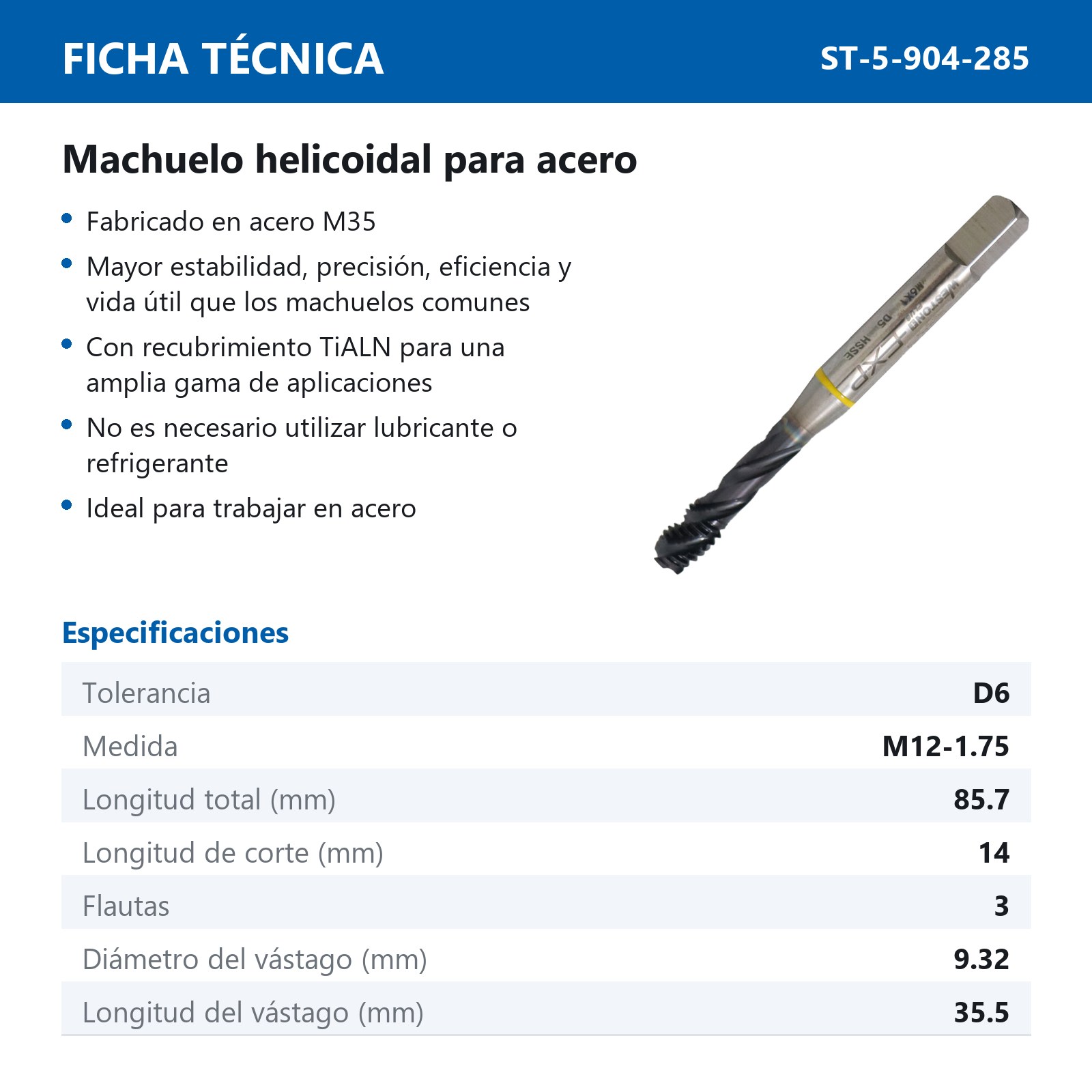 MACHUELO AAV C/TiALN HELICOIDAL M12-1.75 P/ACERO INOX. WP EX-P - Imagen 2