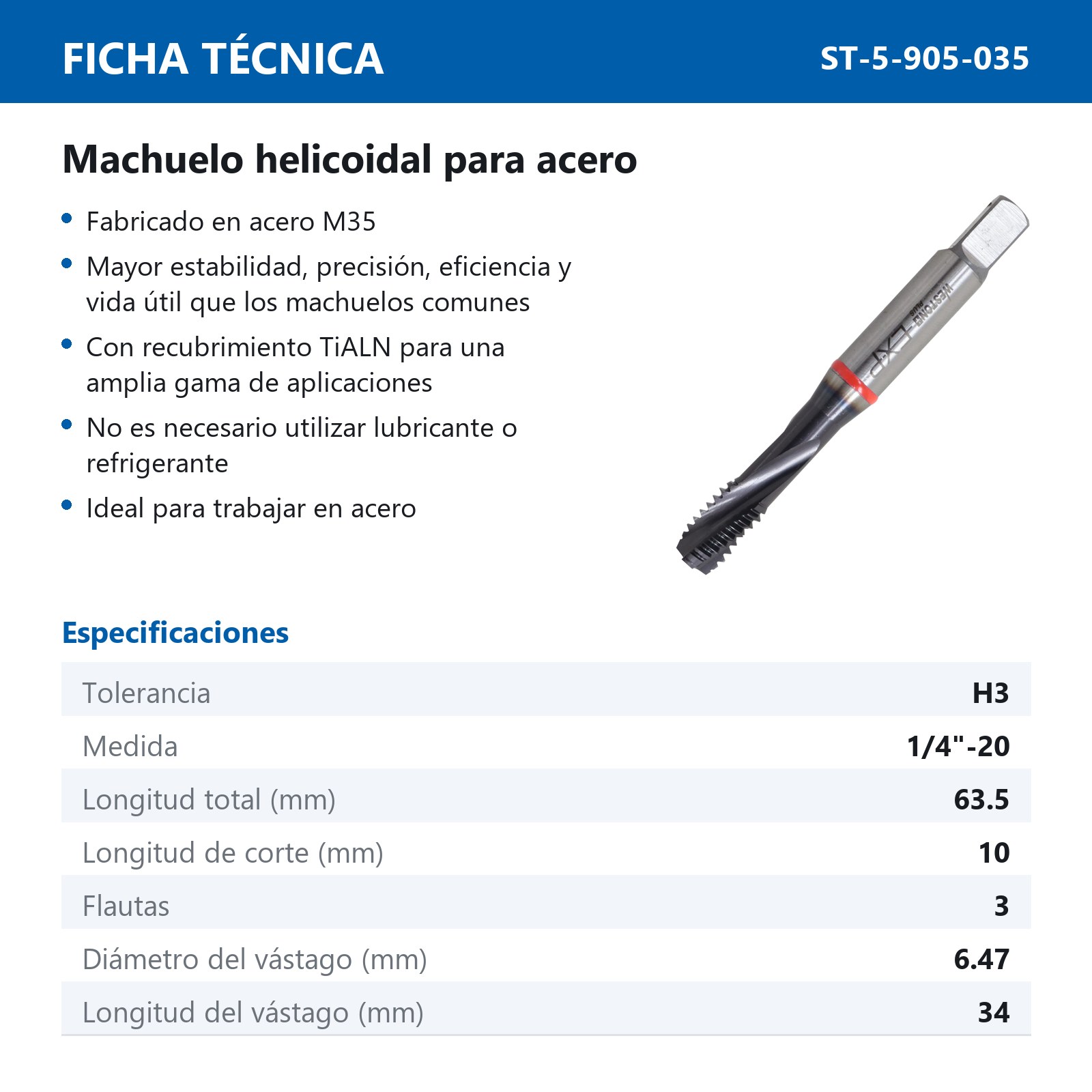 MACHUELO AAV C/TiALN HELICOIDAL 1/4"-20 P/FIERRO VACIADO WP EX-P - Imagen 2