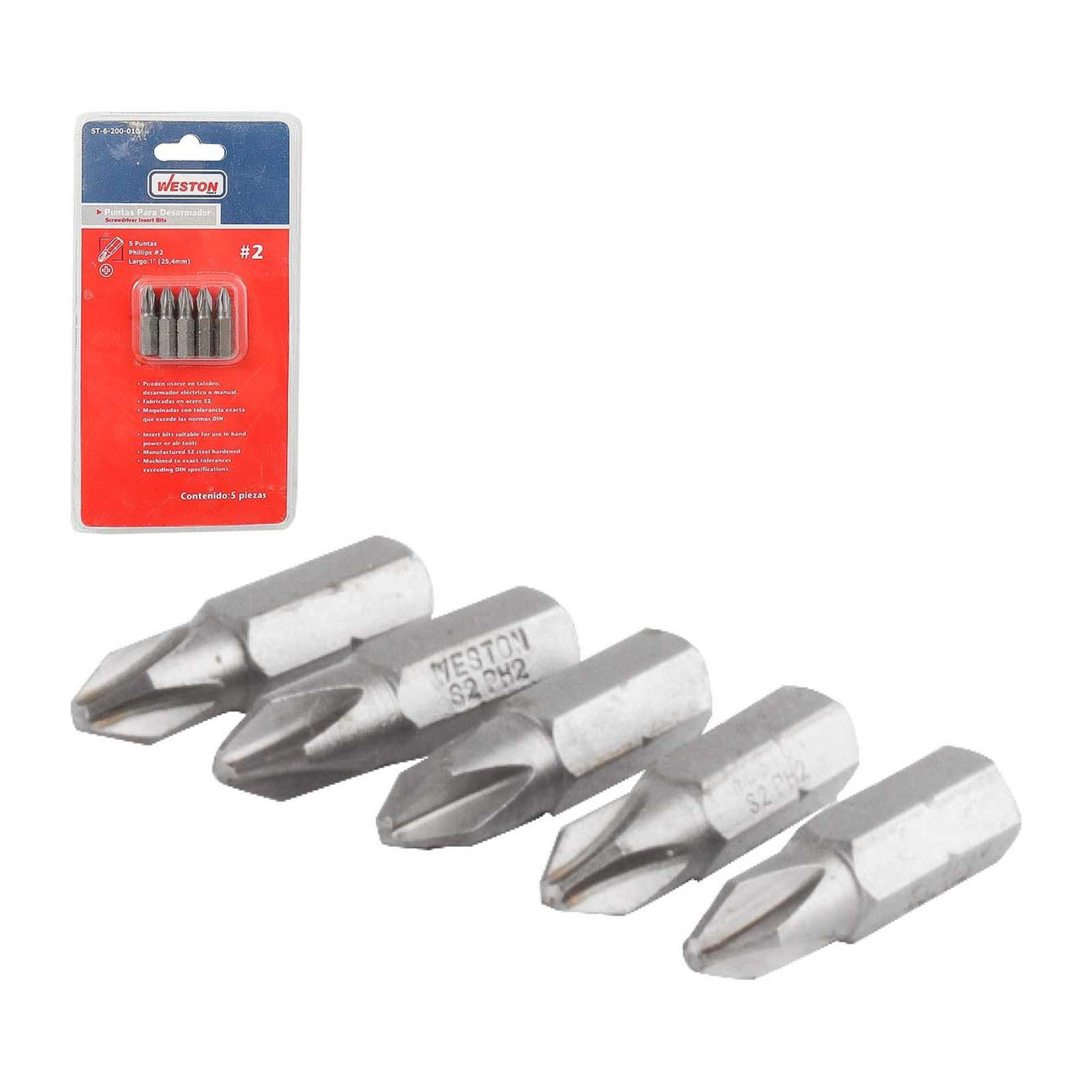 Juego de 5 Puntas para Destornillador Phillips 2 x 2" Weston