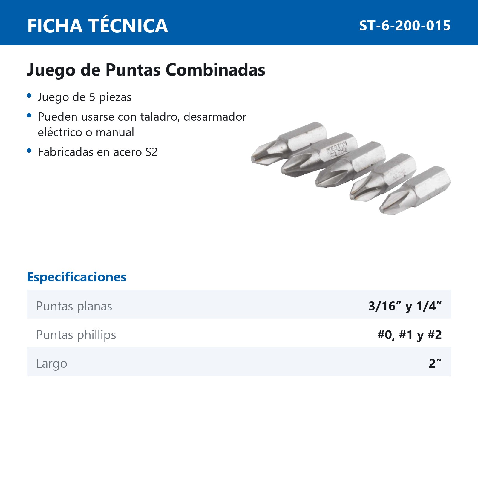 JGO.5 PZS.PUNTA P/DES.PHILLIPS Y PLNA 2"          3/16, 1/4 X 2" - Imagen 2