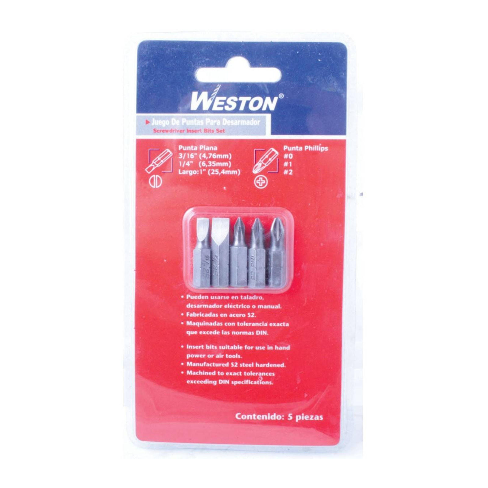Juego 5 Piezas Puntas para Destornillador Phillips y Plana 1" - 3/16, 1/4 x 1" WESTON