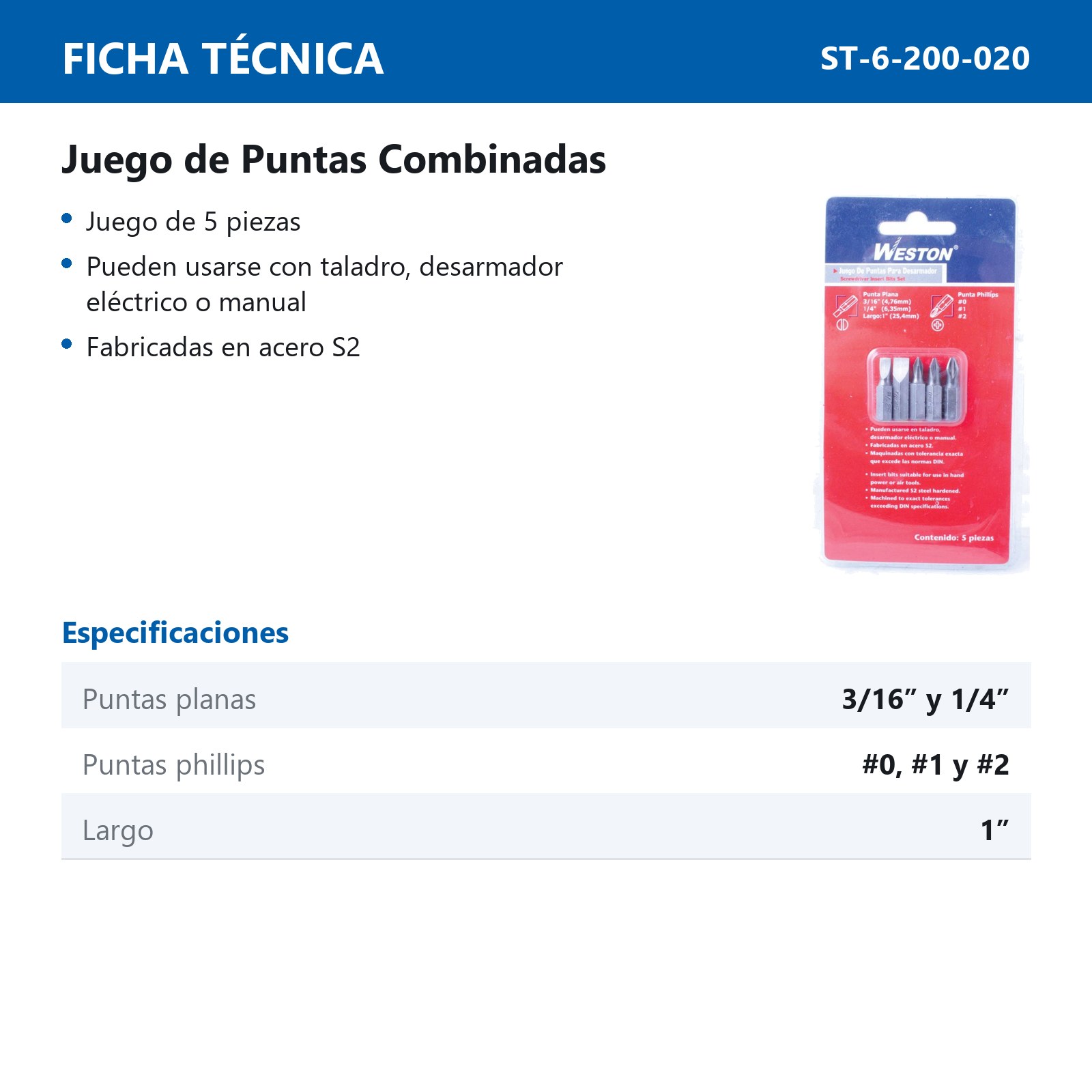 JGO.5 PZS PUNTA P/DES.PHILLIPS-PLANA 1"           3/16, 1/4 X 1" - Imagen 2