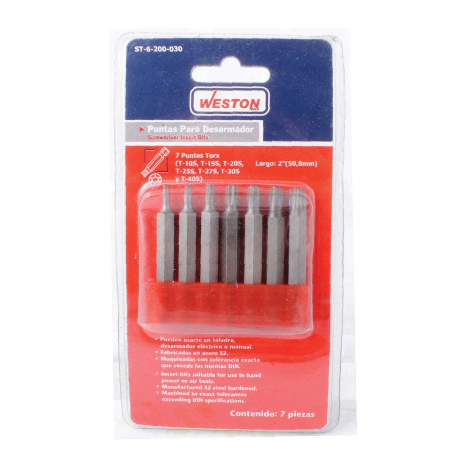Juego 7 Piezas Puntas Torx 1" T10 T15 T20 T25 T27 T30 T40 Weston