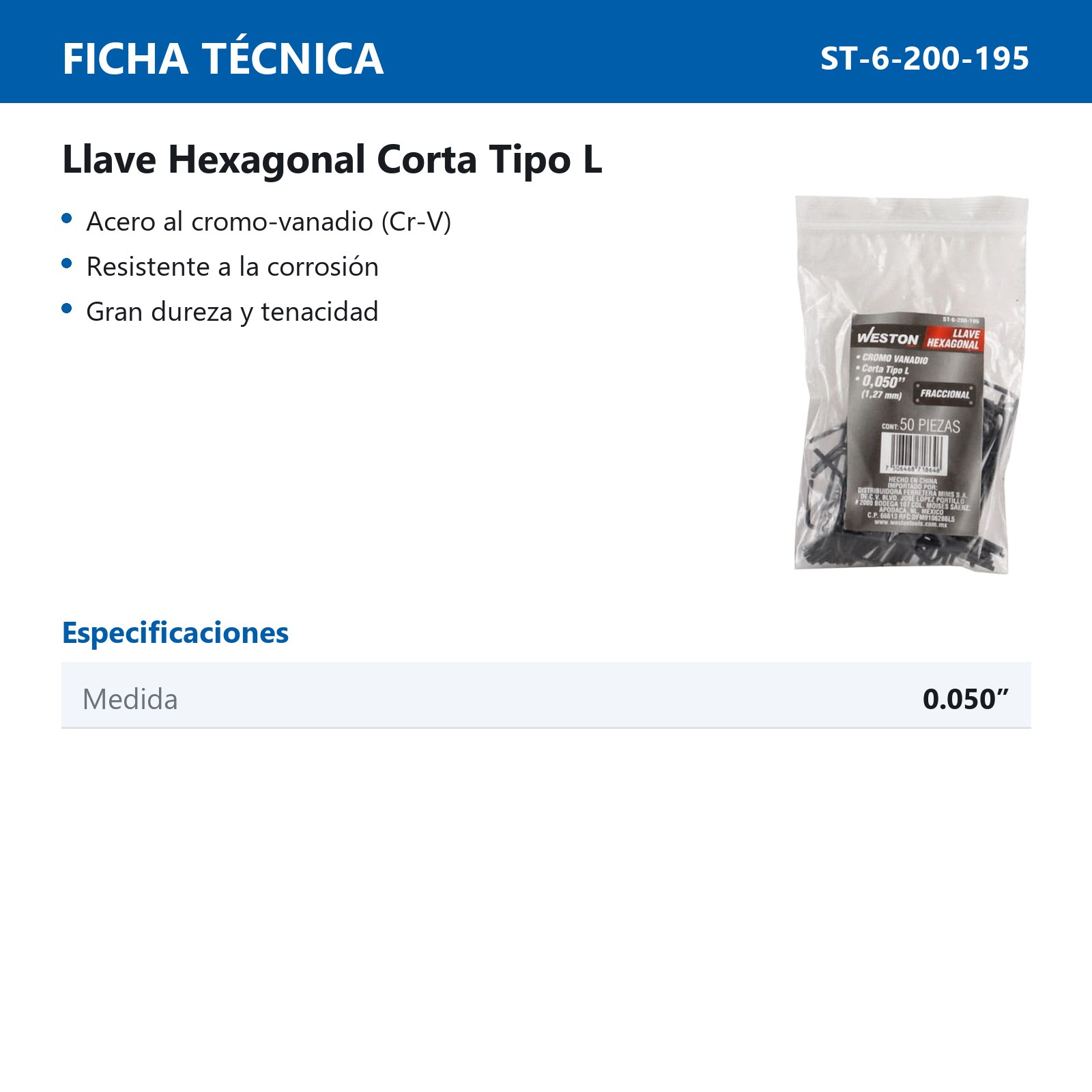 LLAVE HEXAGONAL L CORTA .050" (PRECIO X PZA - EMPAQUE C/50 PZAS) - Imagen 4