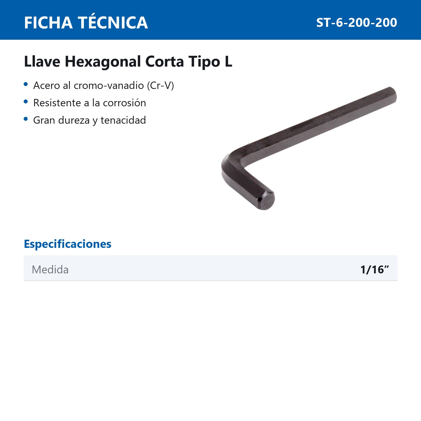 LLAVE HEXAGONAL L CORTA CrV  1/16"  (PRECIO X PZA - EMPAQUE C/50 PZAS) - Imagen 3