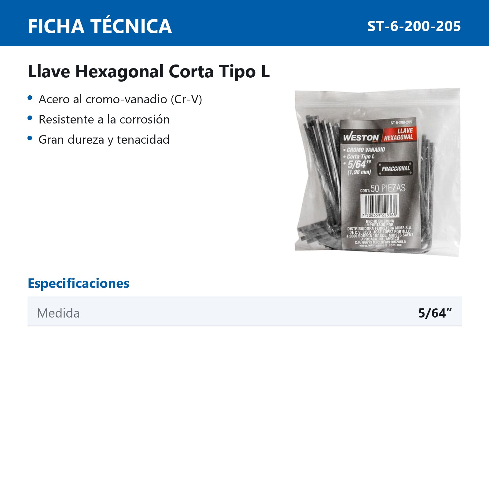 LLAVE HEXAGONAL L CORTA CrV  5/64"  (PRECIO X PZA - EMPAQUE C/50 PZAS) - Imagen 4