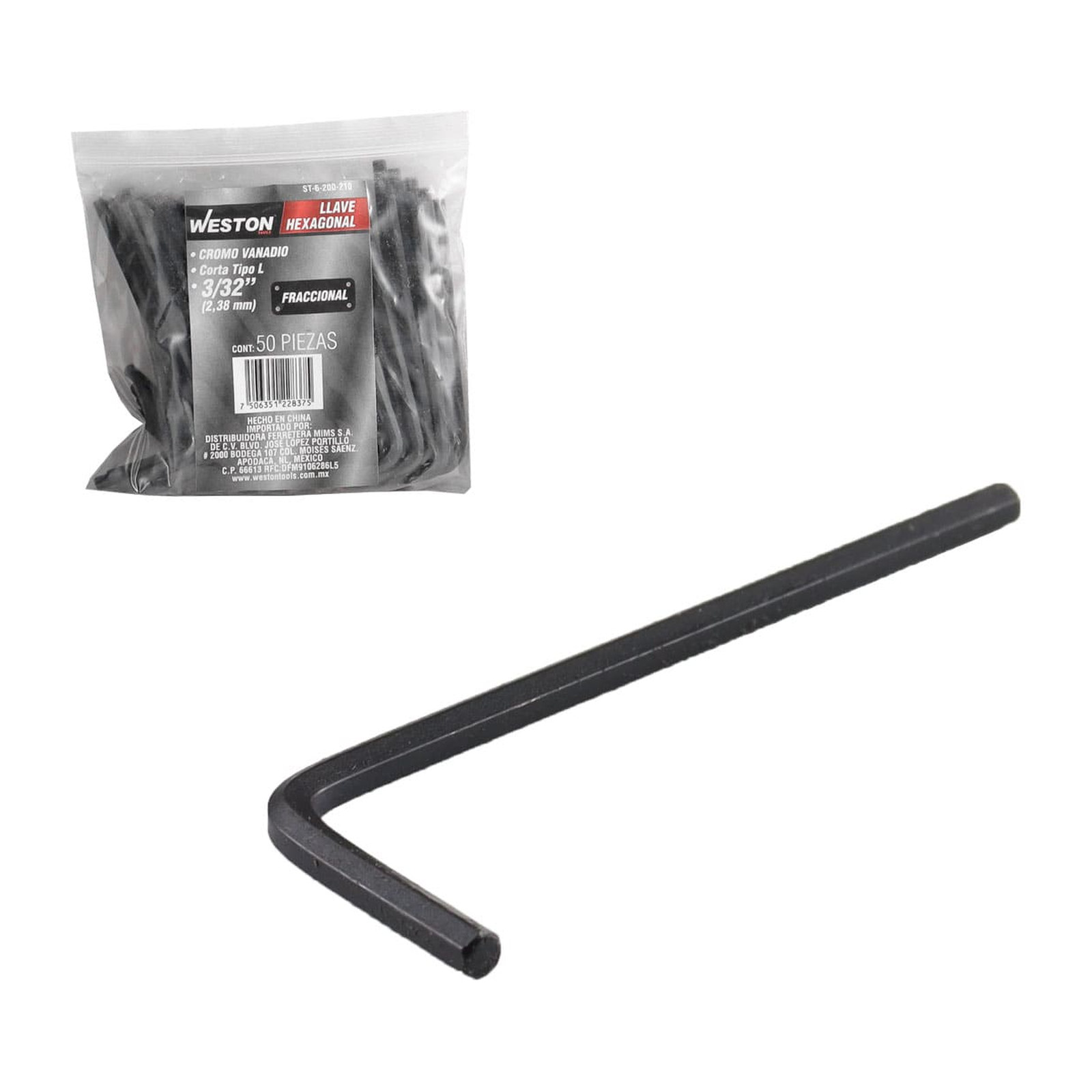 Llave Hexagonal Tipo L Corta Cromo Vanadio 3/32" WESTON