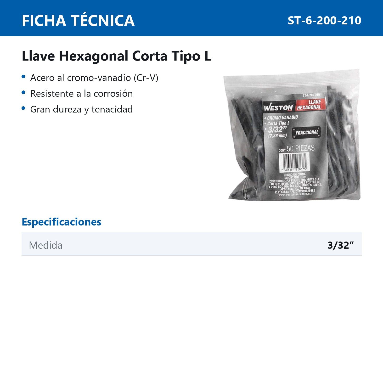 LLAVE HEXAGONAL L CORTA CrV  3/32" (PRECIO X PZA - EMPAQUE C/50 PZAS) - Imagen 4