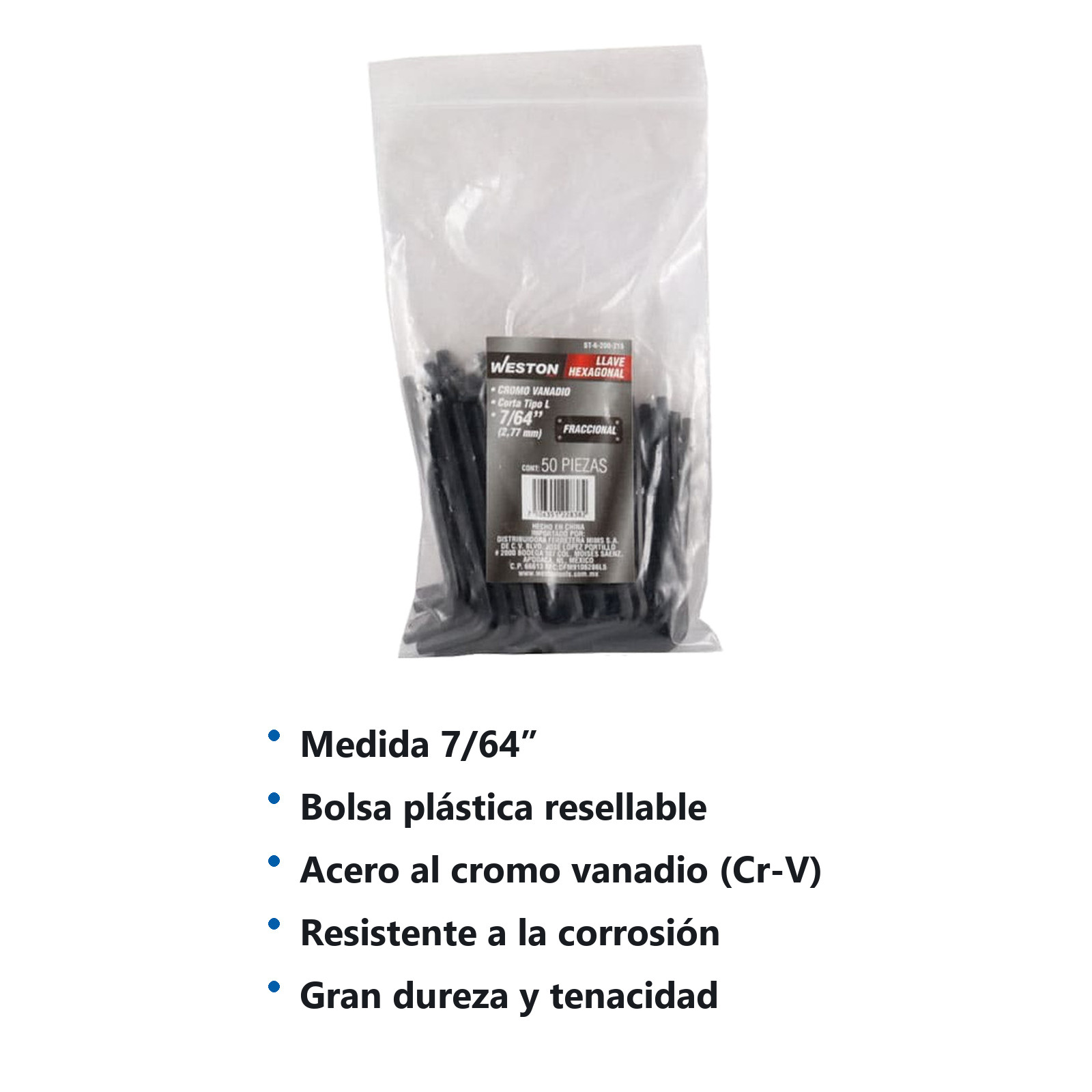 LLAVE HEXAGONAL L CORTA CrV  7/64"  (PRECIO X PZA - EMPAQUE C/50 PZAS) - Imagen 4