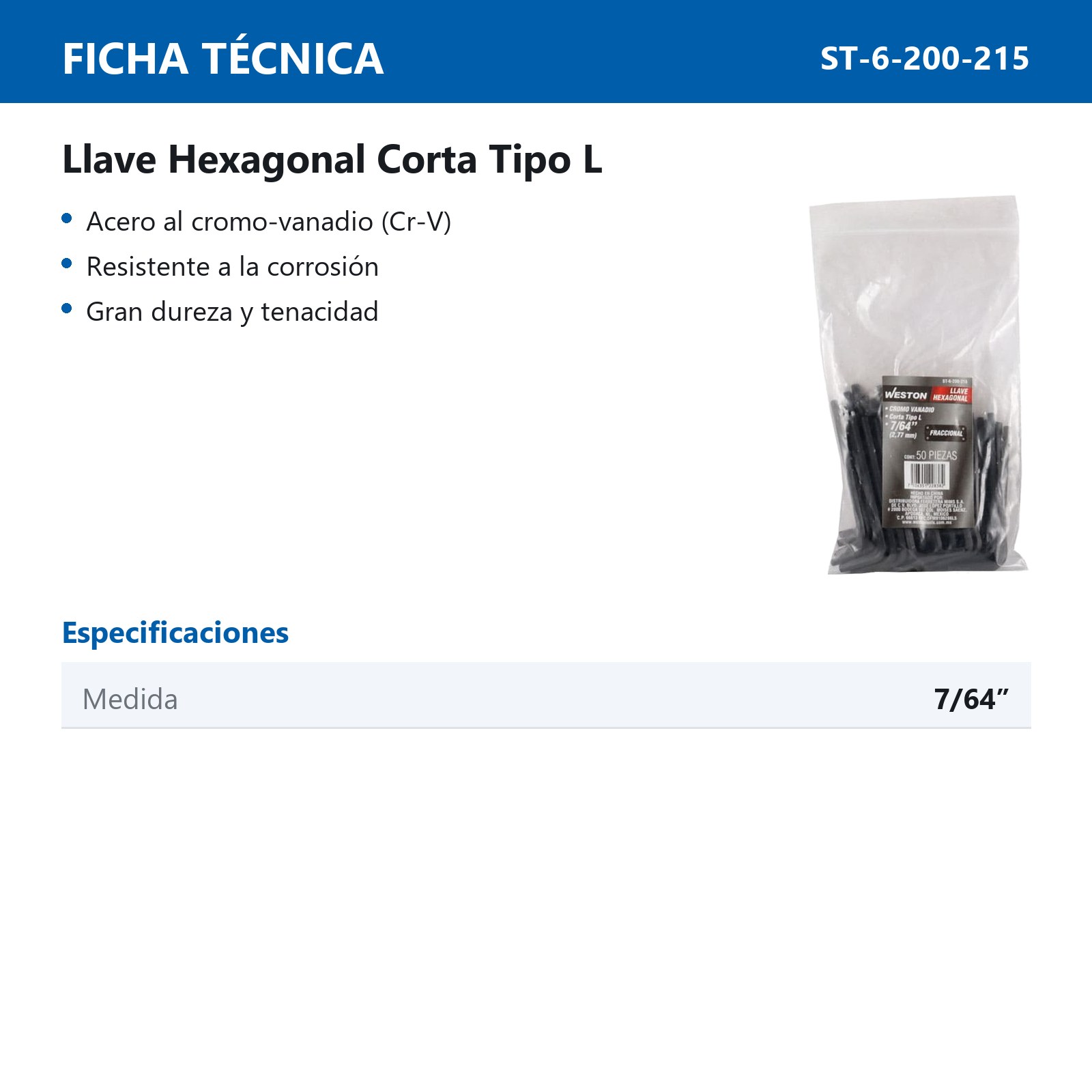 LLAVE HEXAGONAL L CORTA CrV  7/64"  (PRECIO X PZA - EMPAQUE C/50 PZAS) - Imagen 4