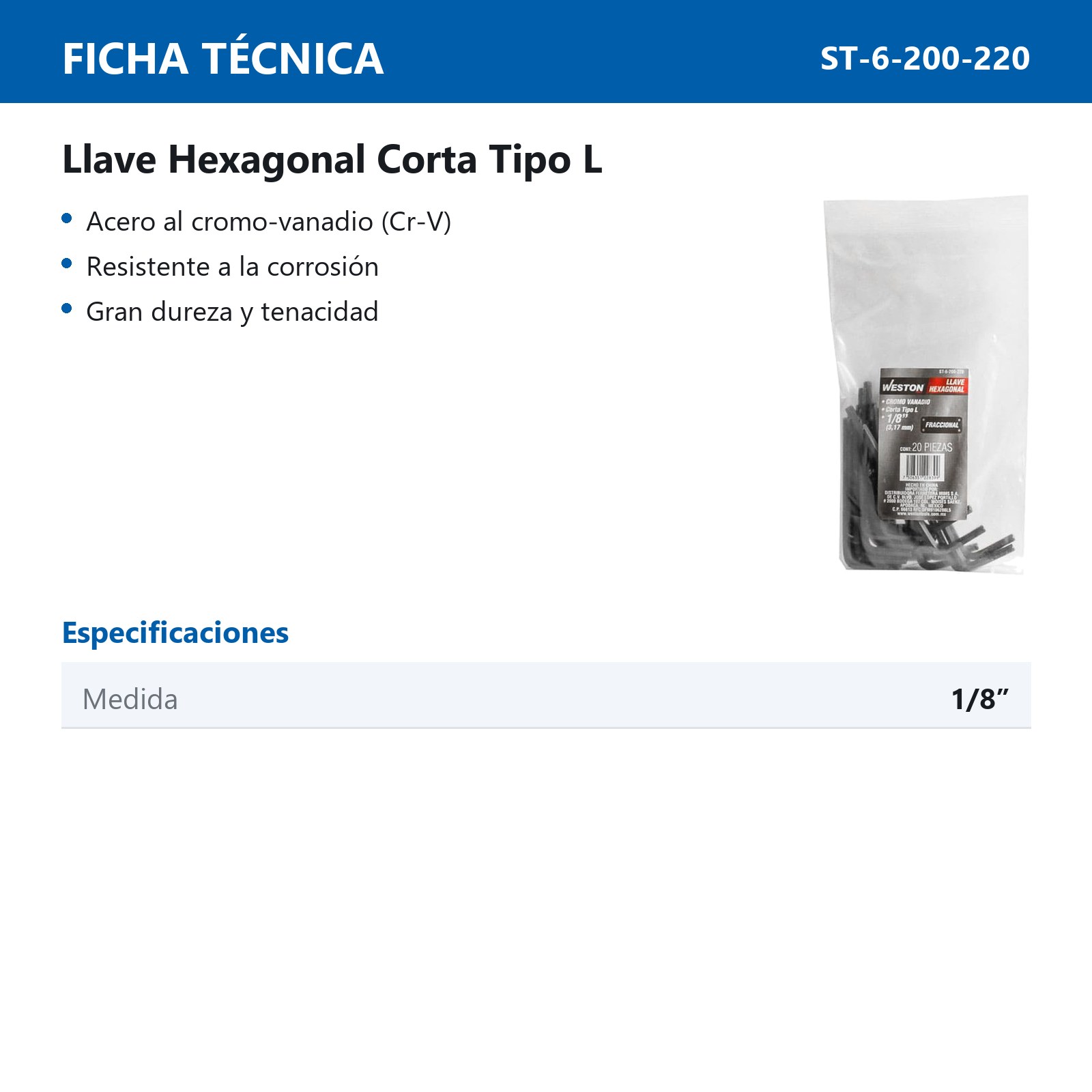 LLAVE HEXAGONAL L CORTA CrV  1/8" (PRECIO X PZA - EMPAQUE C/20 PZAS) - Imagen 4
