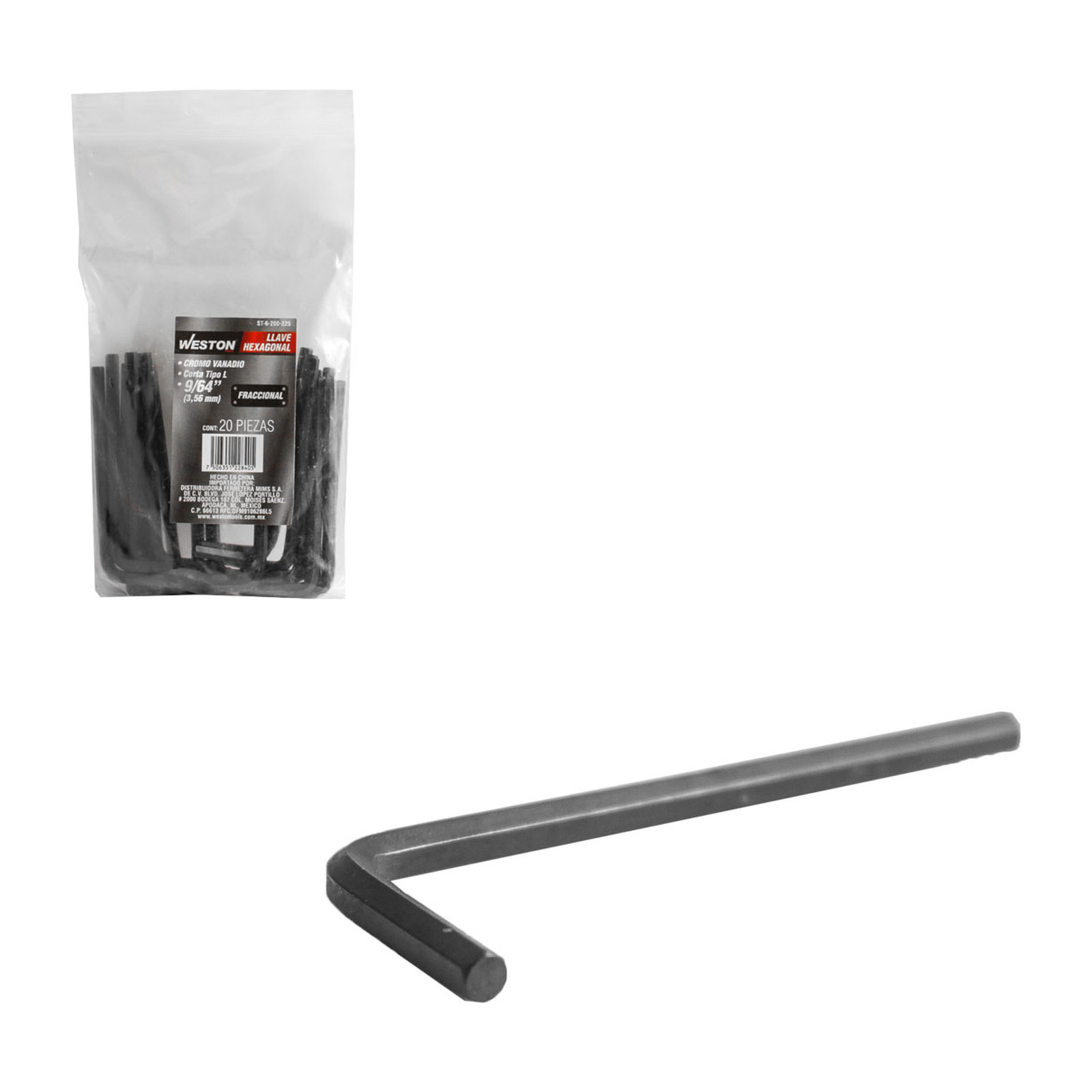 Llave Hexagonal L Corta Cromo Vanadio 9/64" Weston