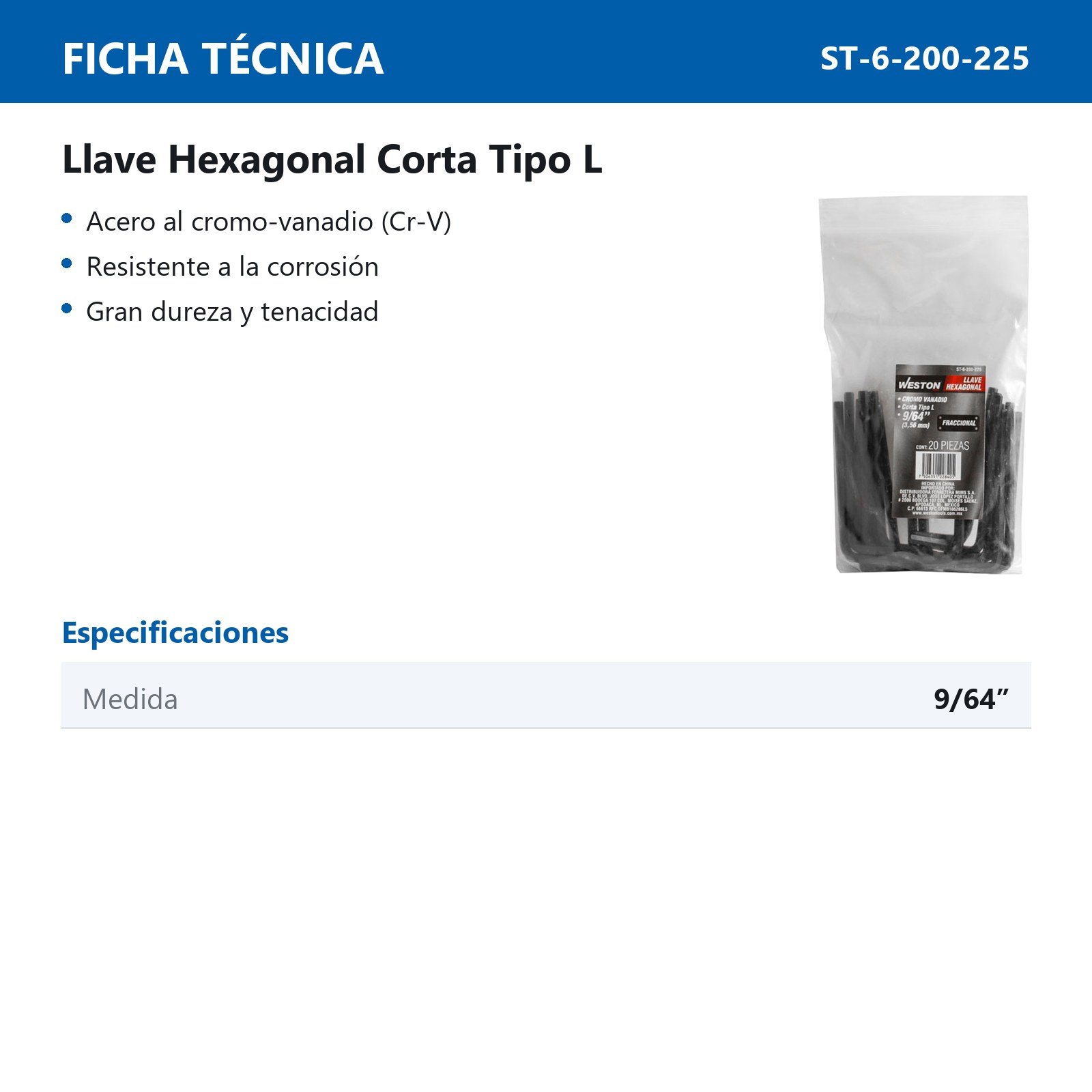LLAVE HEXAGONAL L CORTA CrV  9/64"  (PRECIO X PZA - EMPAQUE C/20 PZAS) - Imagen 4