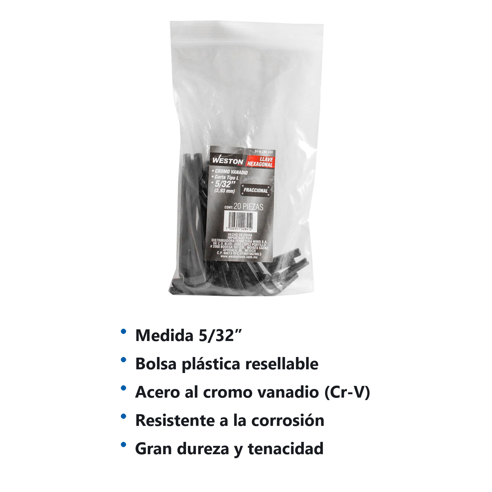 LLAVE HEXAGONAL L CORTA CrV  5/32"  (PRECIO X PZA - EMPAQUE C/20 PZAS) - Imagen 4