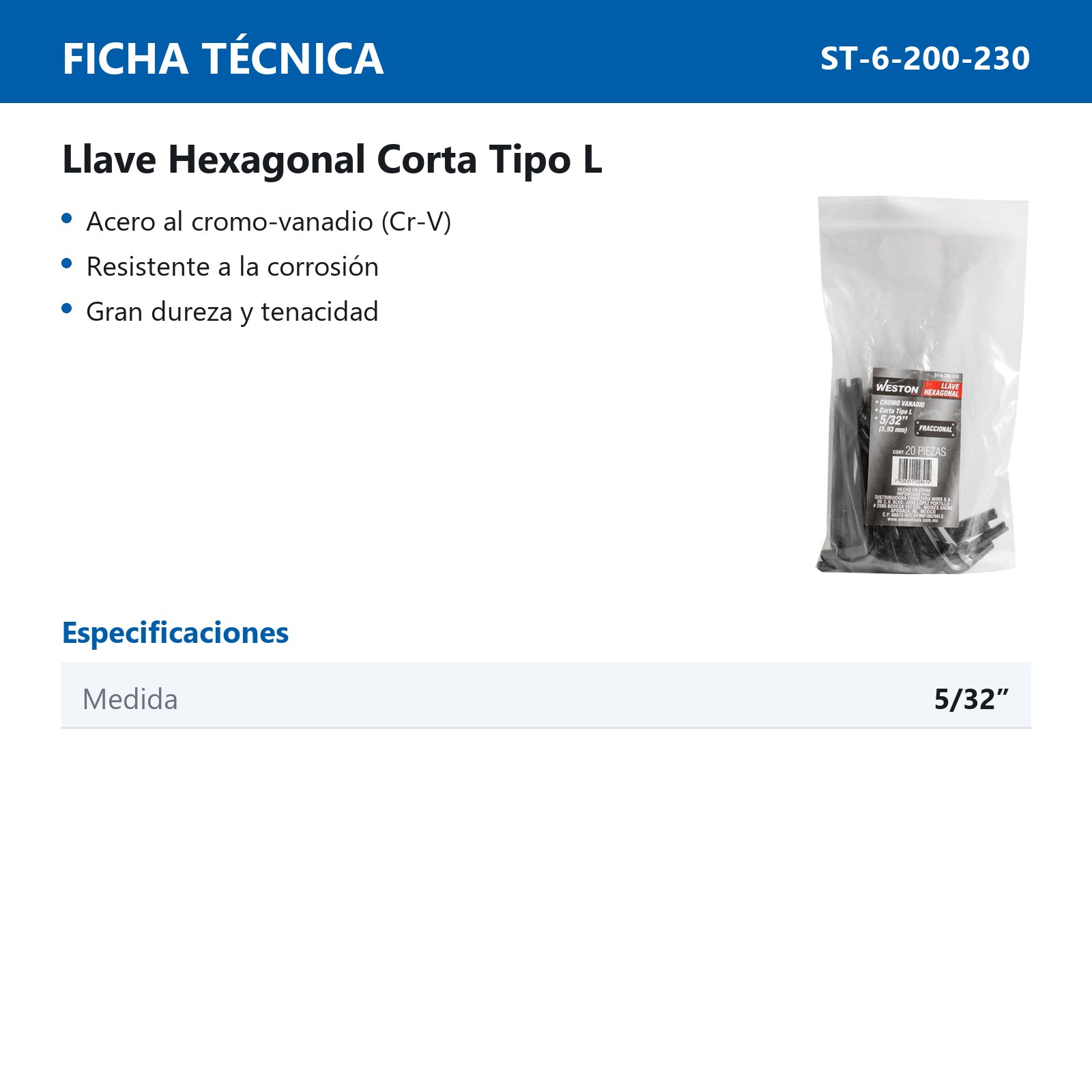 LLAVE HEXAGONAL L CORTA CrV  5/32"  (PRECIO X PZA - EMPAQUE C/20 PZAS) - Imagen 4