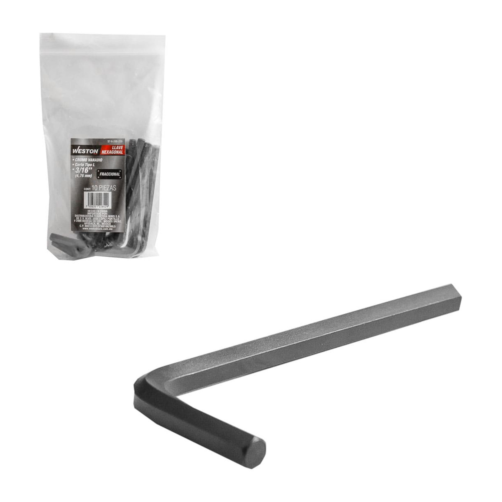 Llave Hexagonal Tipo L Corta CrV 3/16" Weston